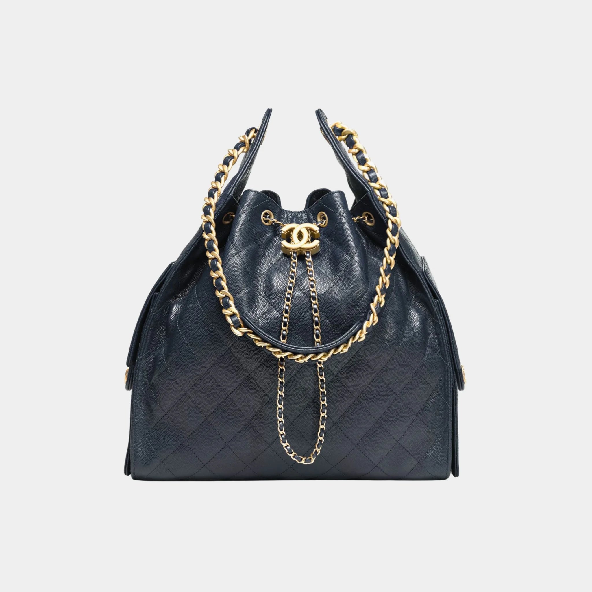 Chanel 25 Medium Handbag Grained Calfskin & Gold tone Metal Dark Blue, Front