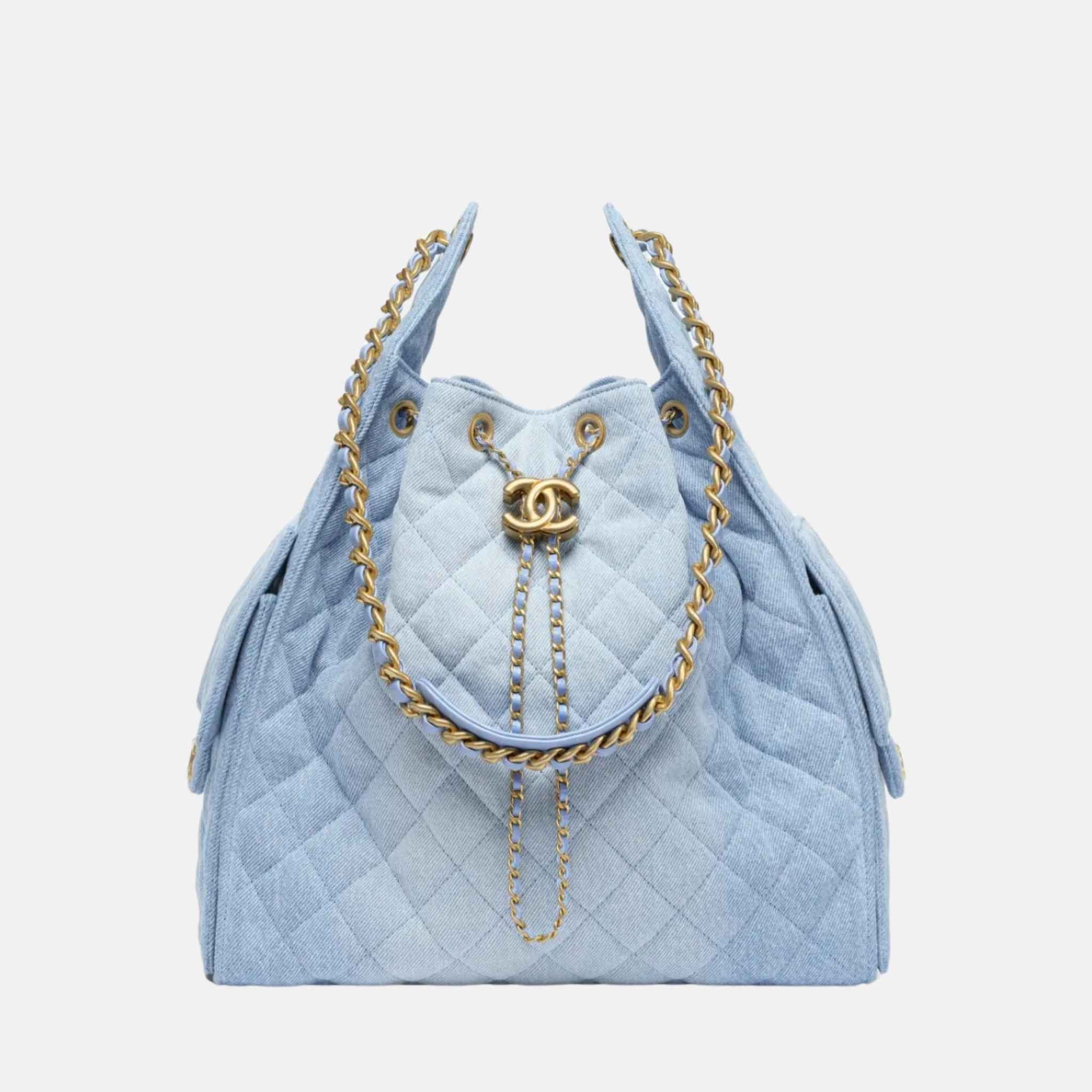 Chanel 25 Medium Handbag Washed Denim And Gold Tone Metal, Blue, Front