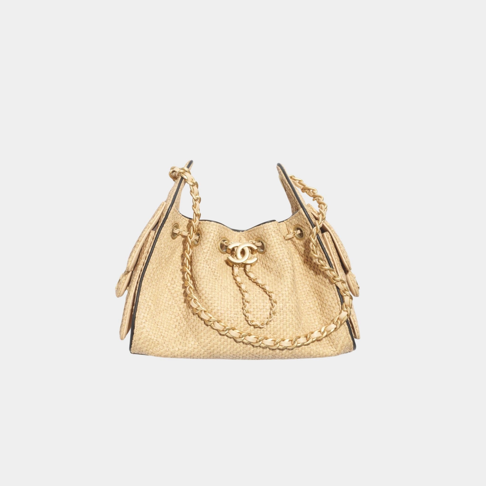 Chanel 25 Mini Handbag Braided Raffia Calfskin & Gold Tone Metal, Beige and Black