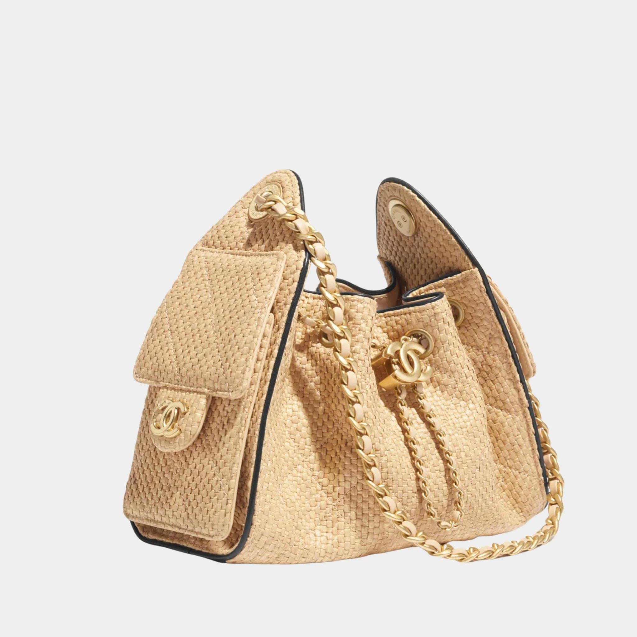Chanel 25 Mini Handbag Braided Raffia Calfskin & Gold Tone Metal, Beige and Black, Side