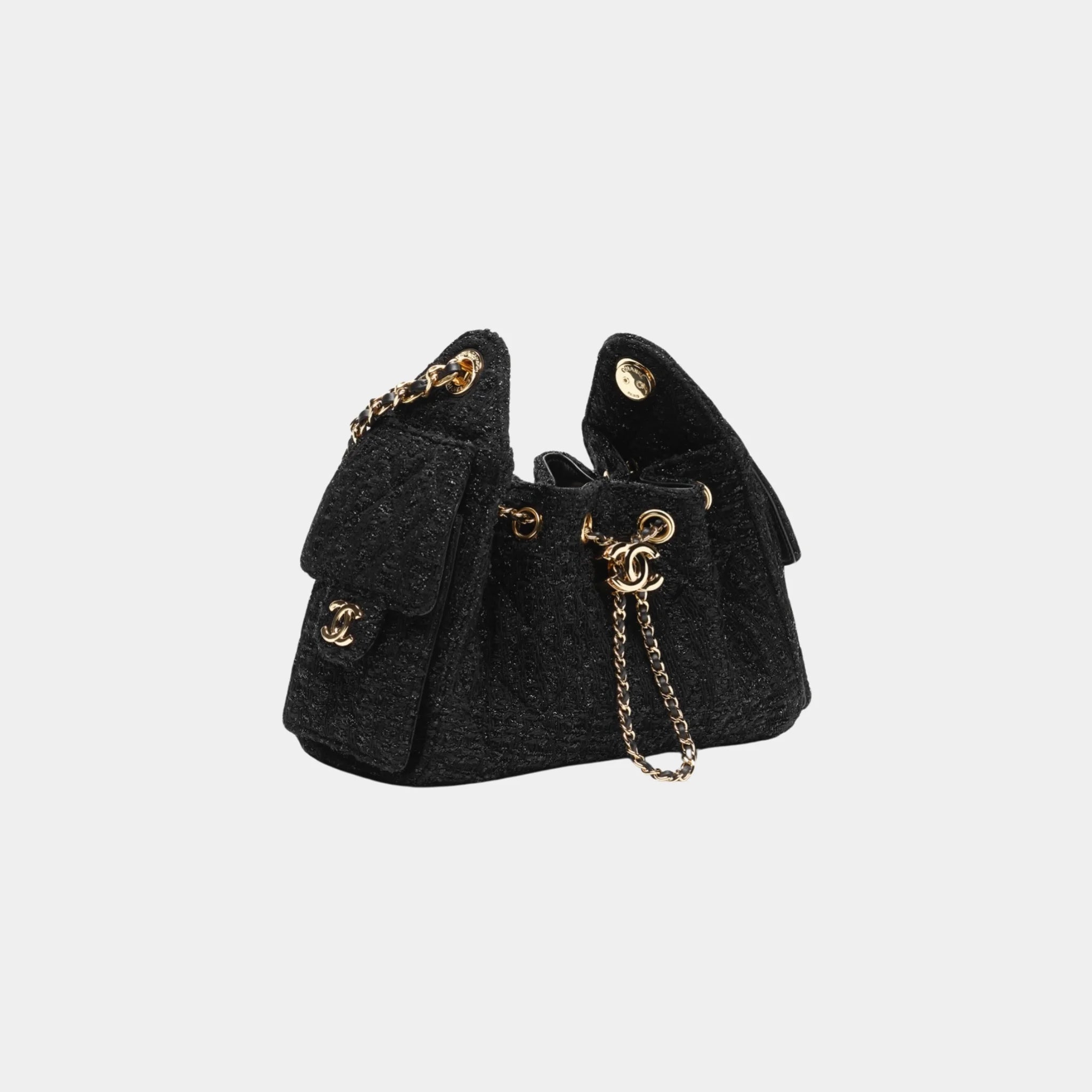 Chanel 25 Mini Handbag Cotton & Wool Tweed & Gold-Tone Metal, Black, Side