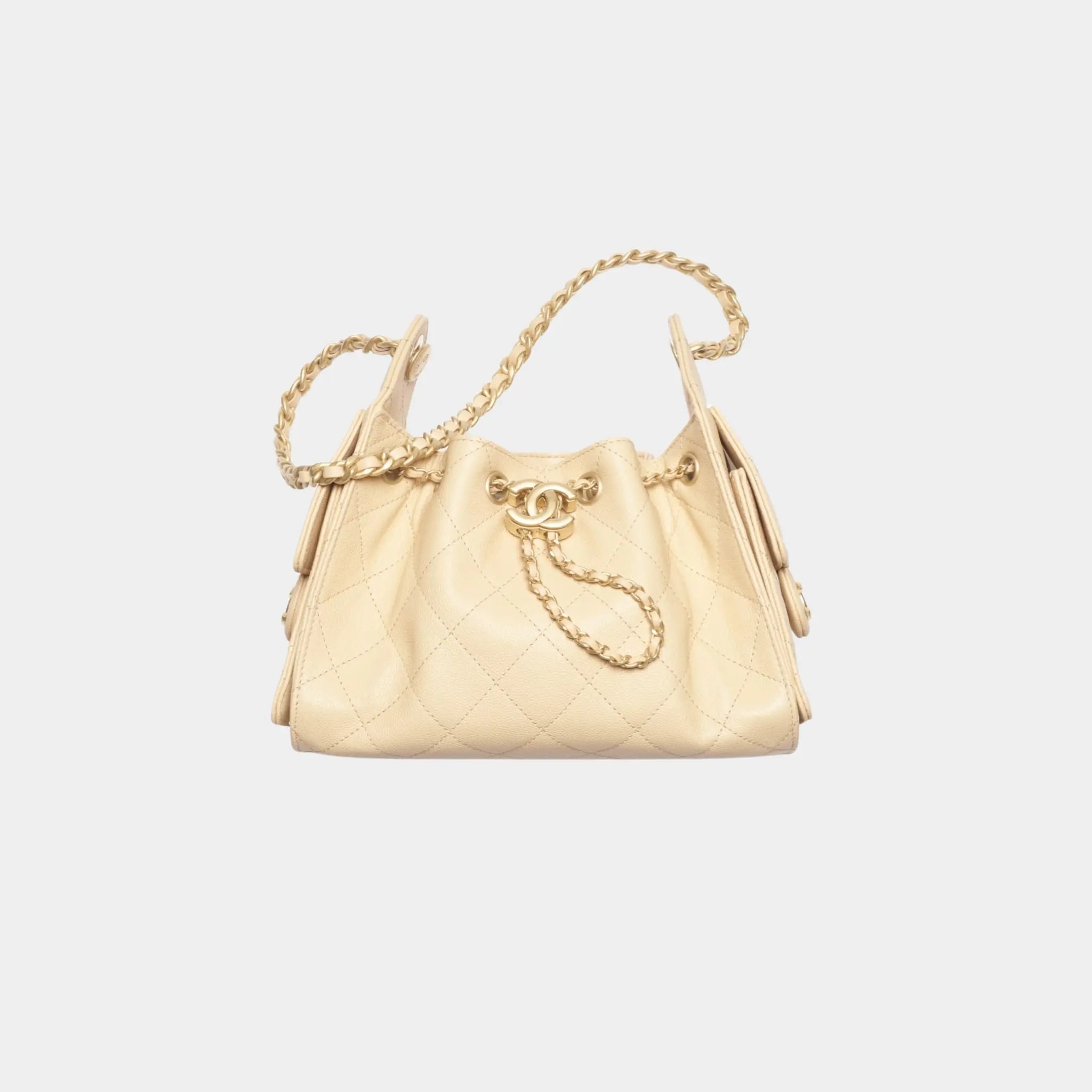 Chanel 25 Mini Handbag in Grained Calfskin & Gold-Tone Metal, Beige, Front