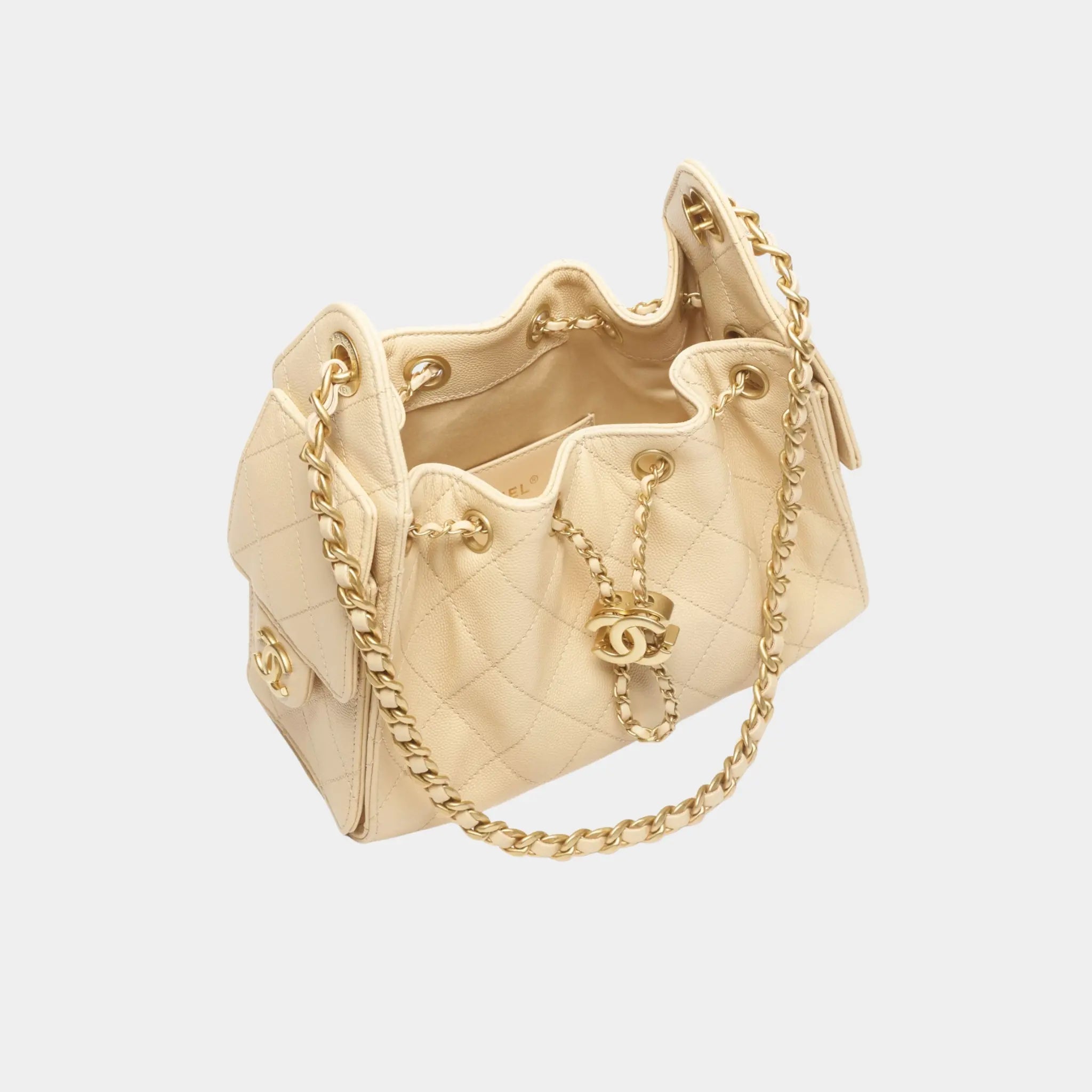 Chanel 25 Mini Handbag in Grained Calfskin & Gold-Tone Metal, Beige, Top