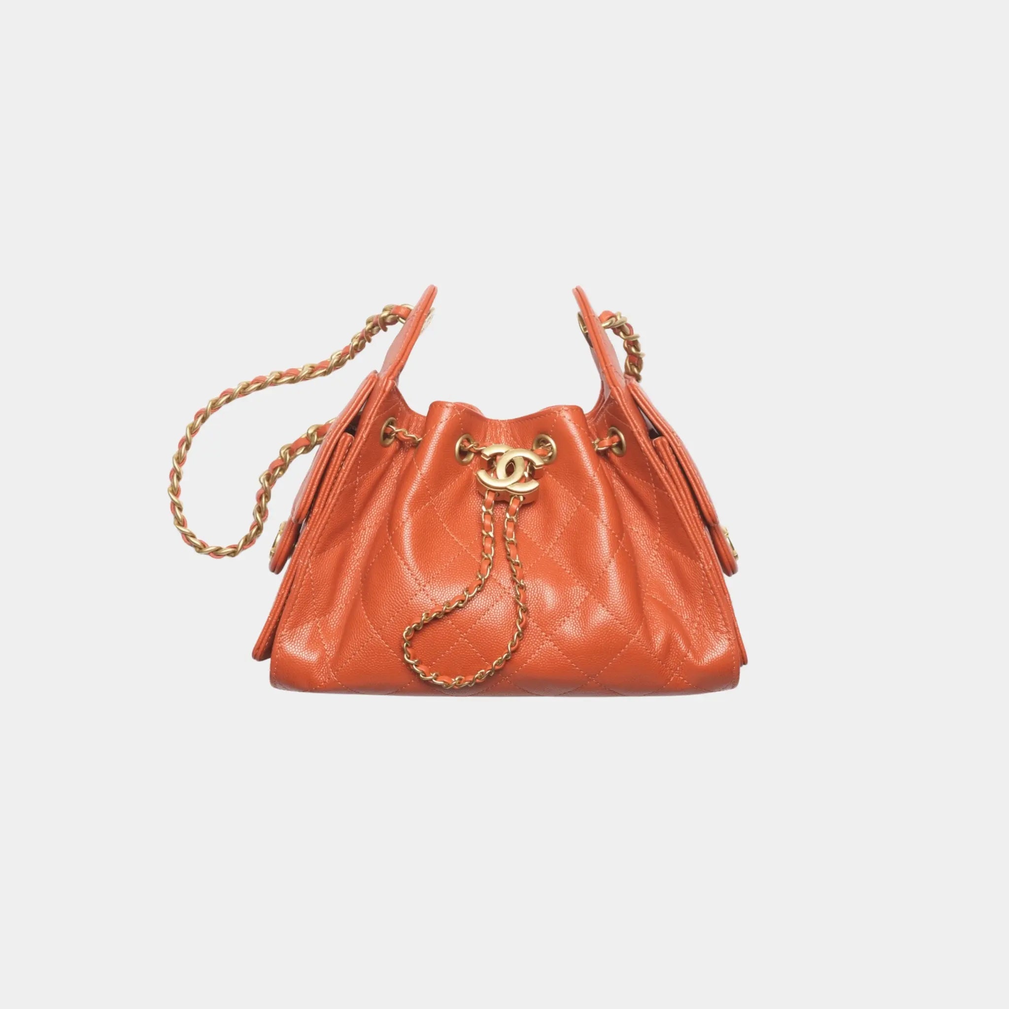Chanel 25 Mini Handbag in Grained Calfskin & Gold-Tone Metal, Dark Orange, Front