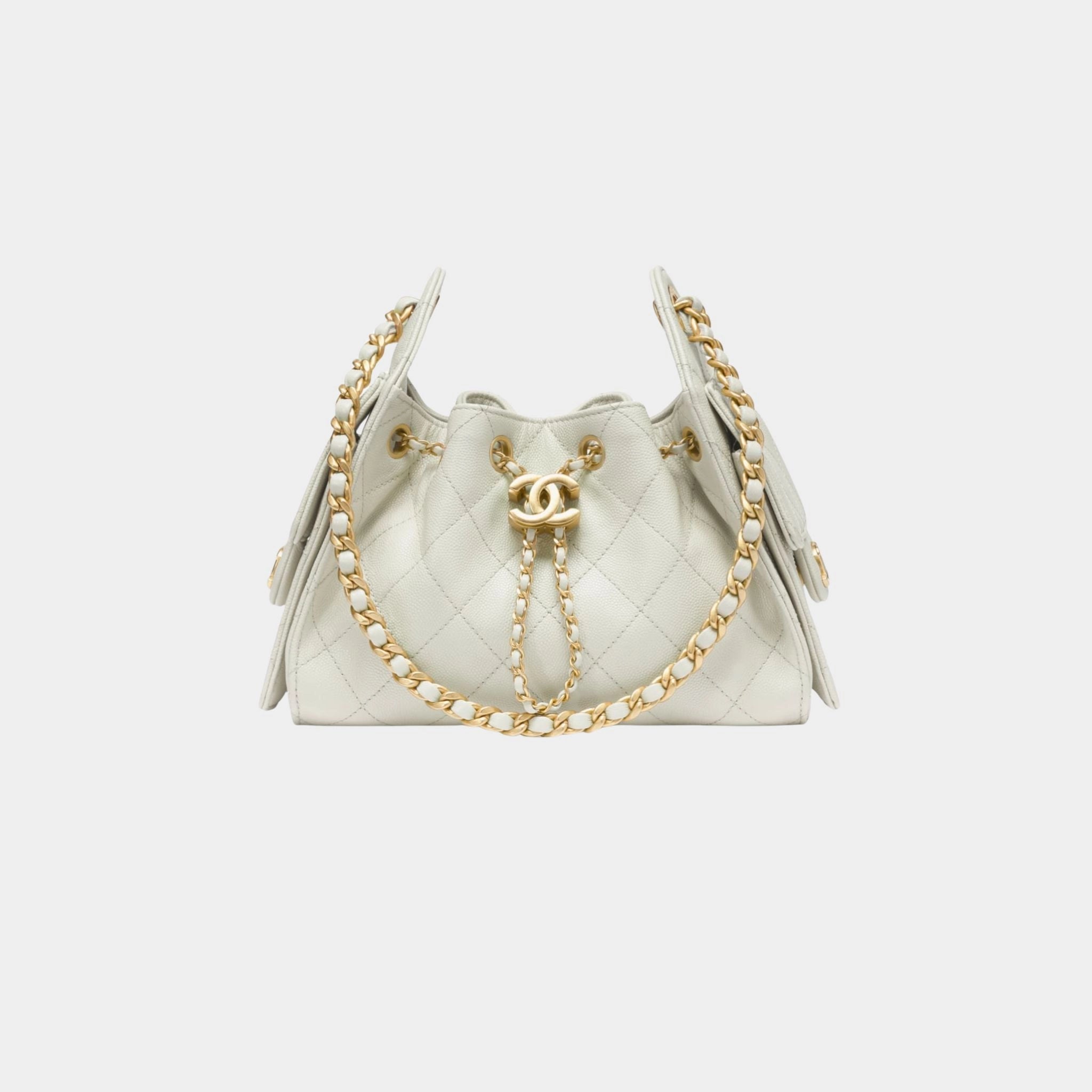 Chanel 25 Mini Handbag Grained Calfskin & Gold Tone Metal, light Green, Front
