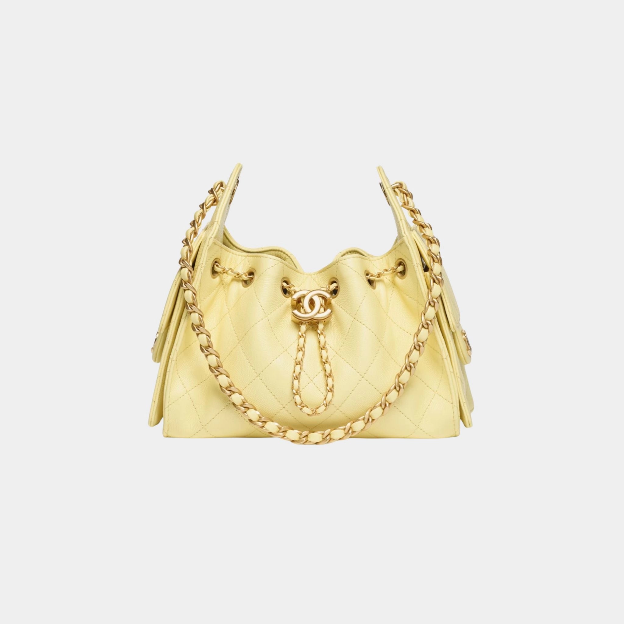 Chanel 25 Mini Handbag Grained Calfskin & Gold Tone Metal, light Yellow, Front