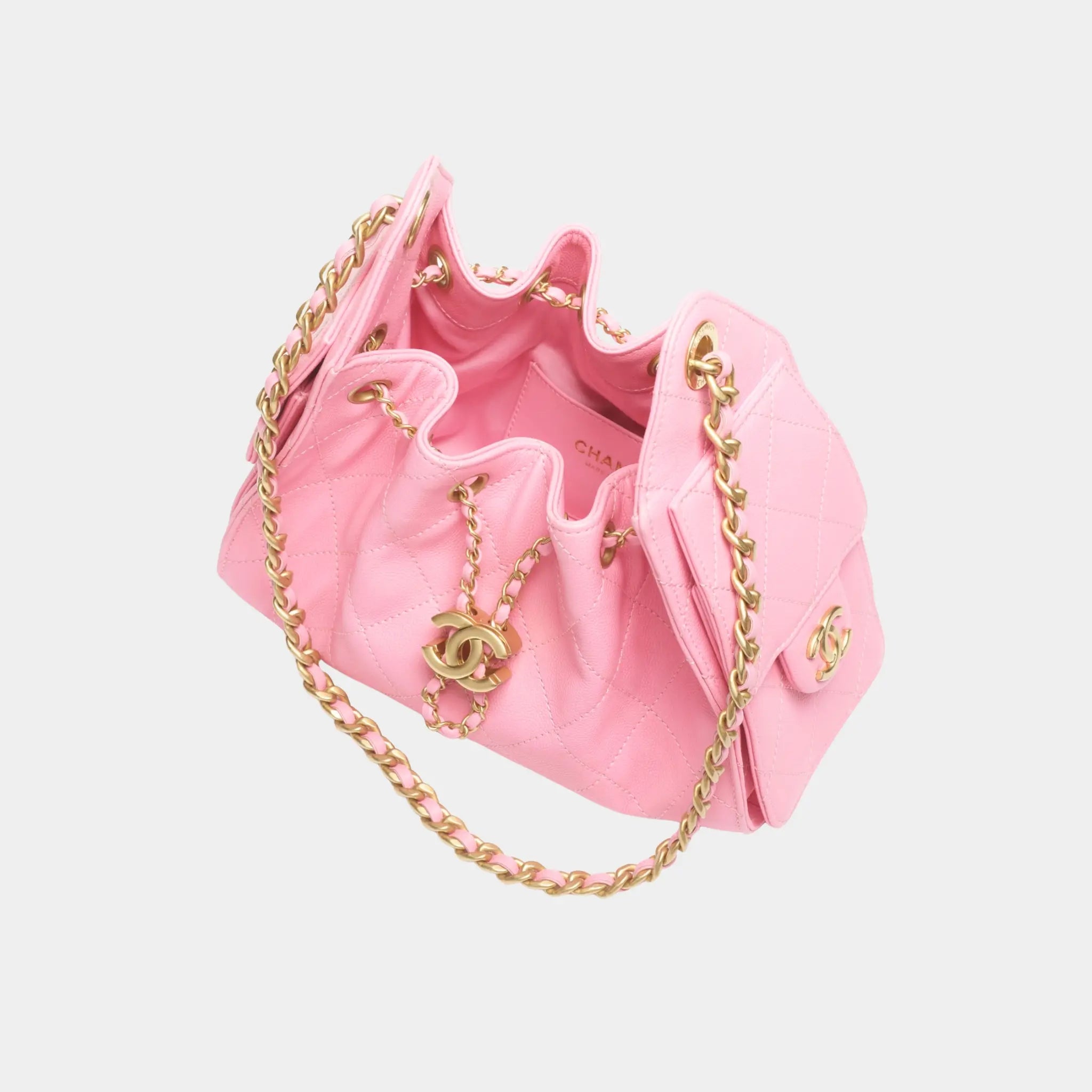 Chanel 25 Mini Handbag in Grained Calfskin & Gold-Tone Metal, Pink, Top