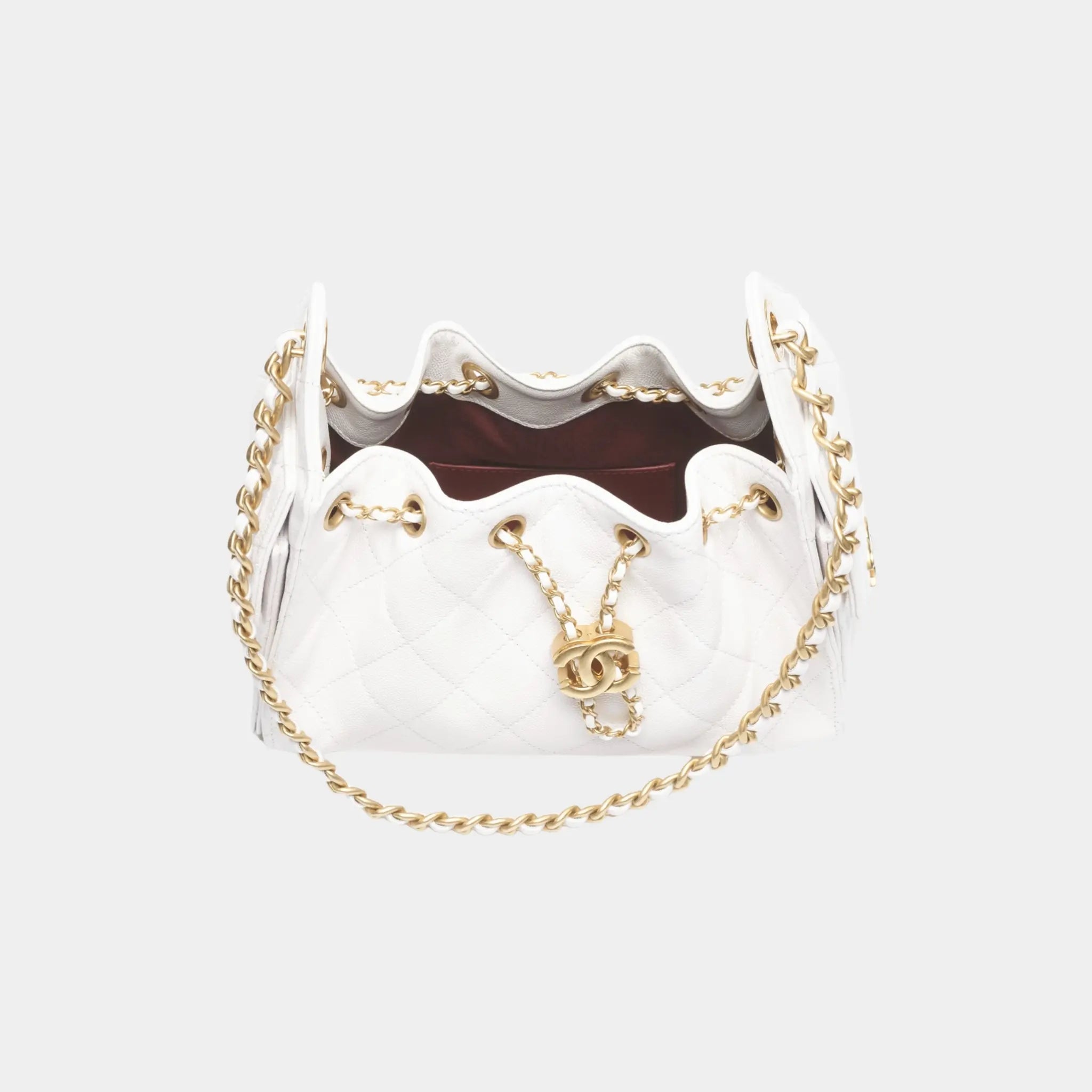 Chanel 25 Mini Handbag in Grained Calfskin & Gold-Tone Metal, White, Top