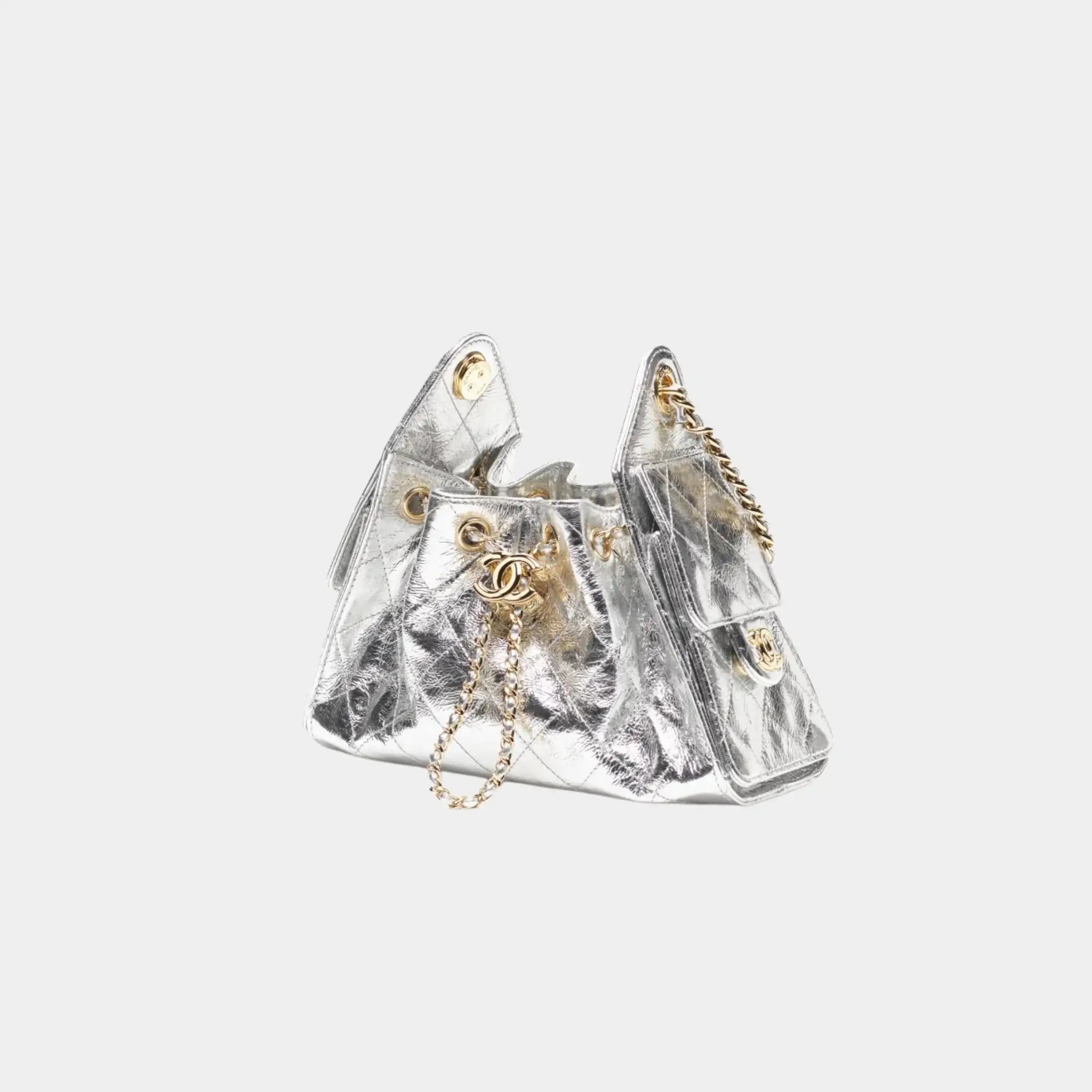 Chanel 25 Mini Handbag in Metallic Calfskin, Silver, Front