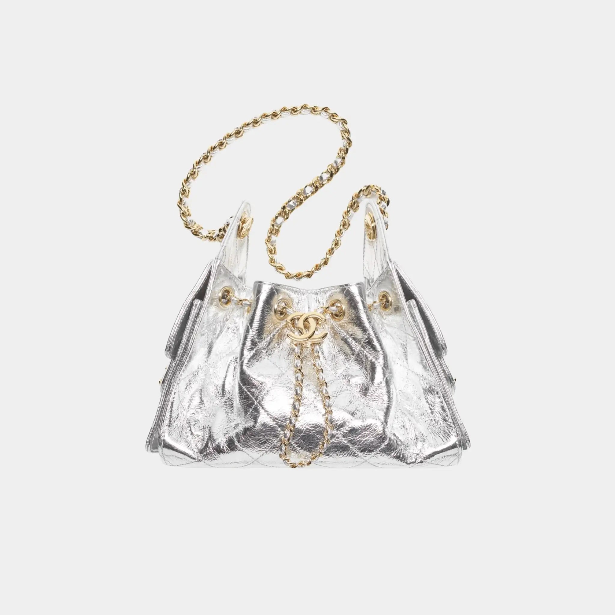 Chanel 25 Mini Handbag in Metallic Calfskin, Silver
