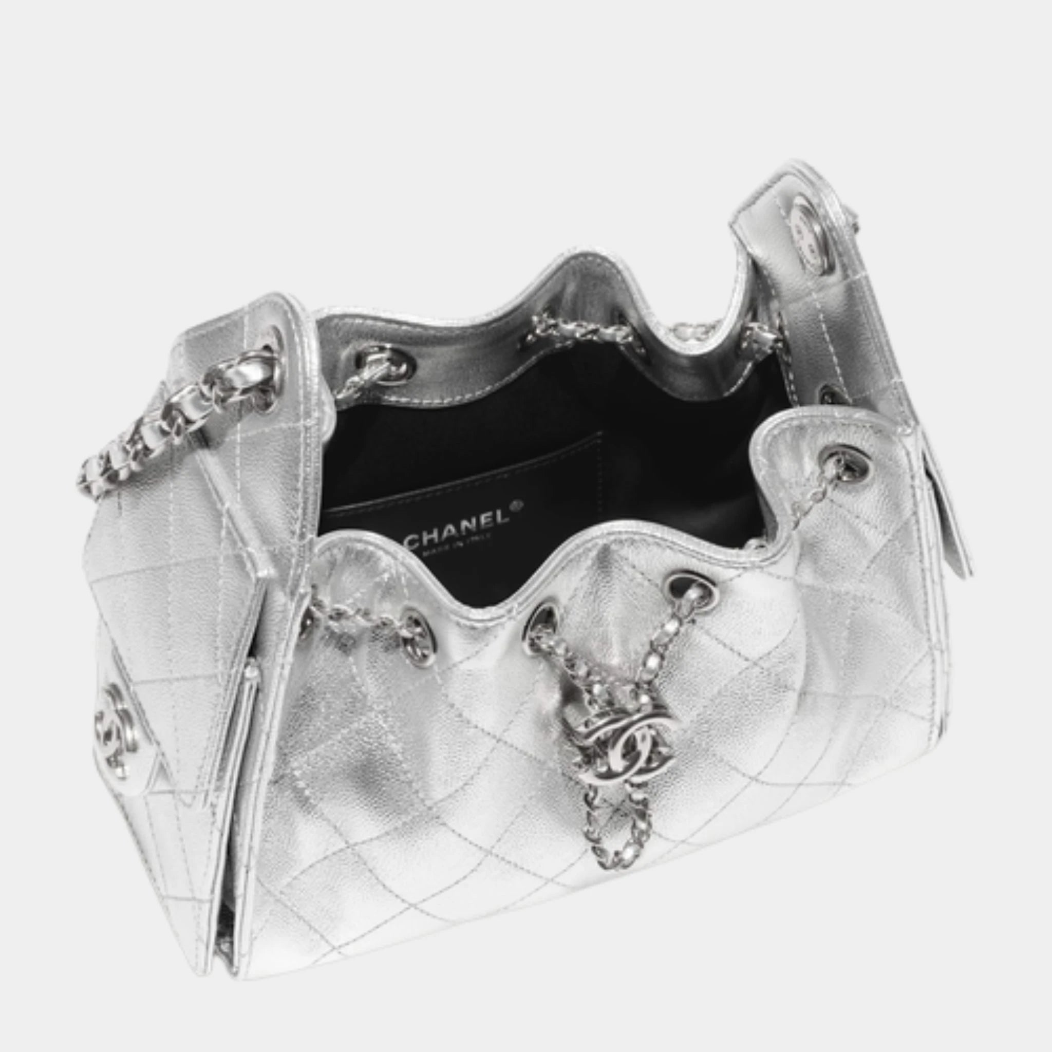 Chanel 25 Mini Handbag in Metallic Grained Calfskin, SIlvery, Top