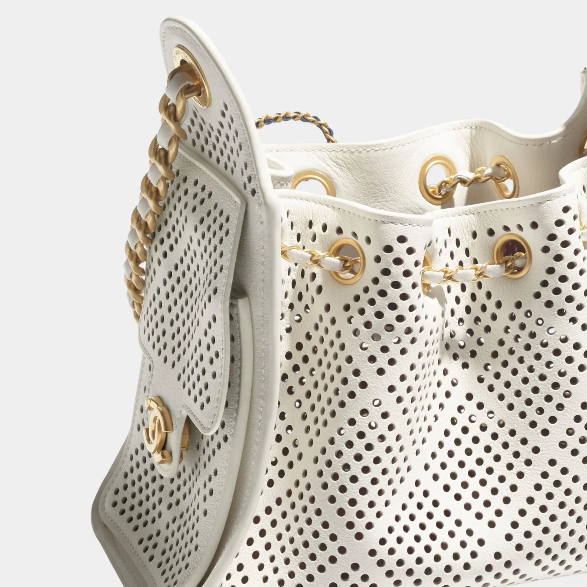 Chanel 25 Mini Handbag Perforated Calfskin & Gold Tone Metal, closeup