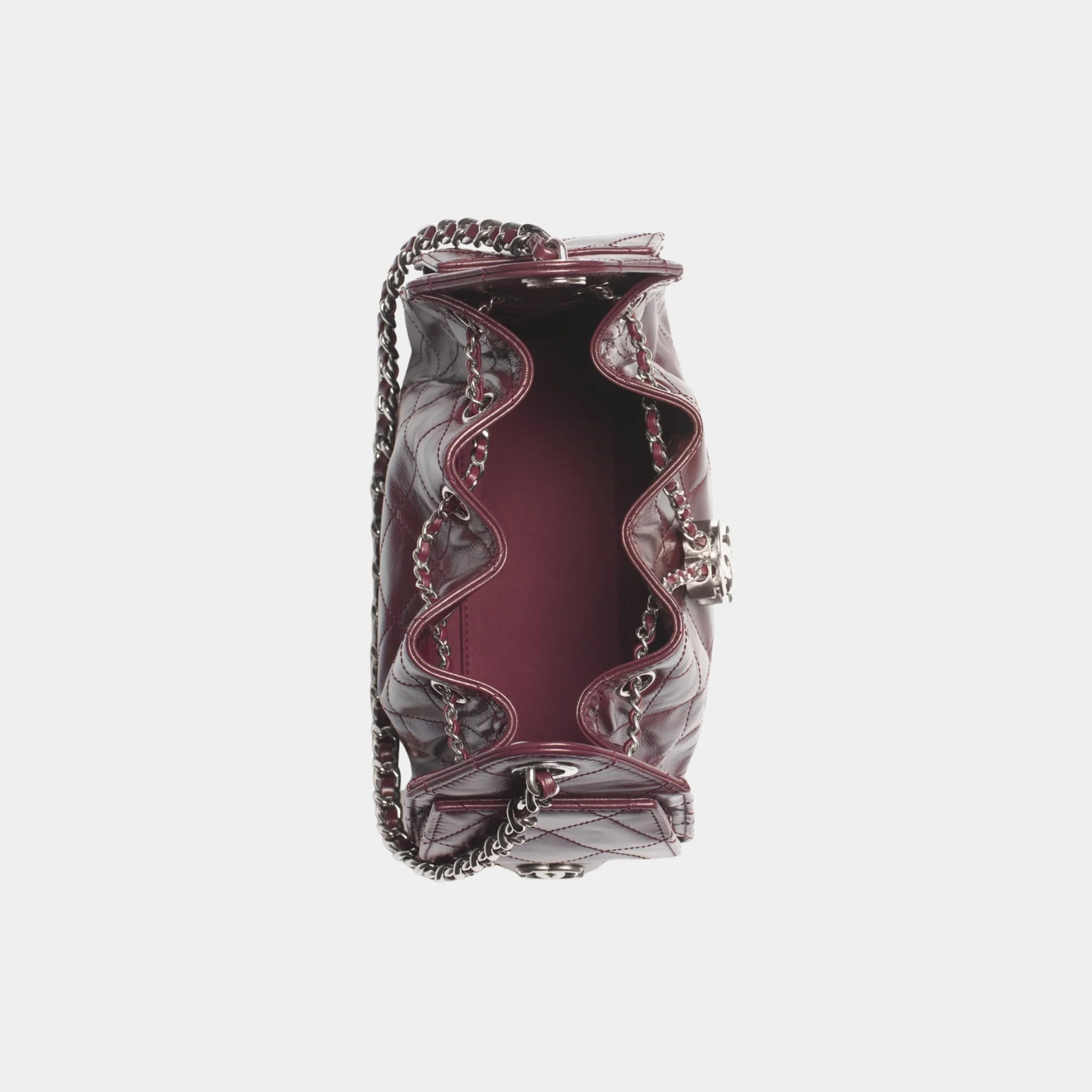 Chanel 25 Mini Handbag Shiny Crumpled Calfskin & Silver-Tone Metal, Dark Burgundy, Top