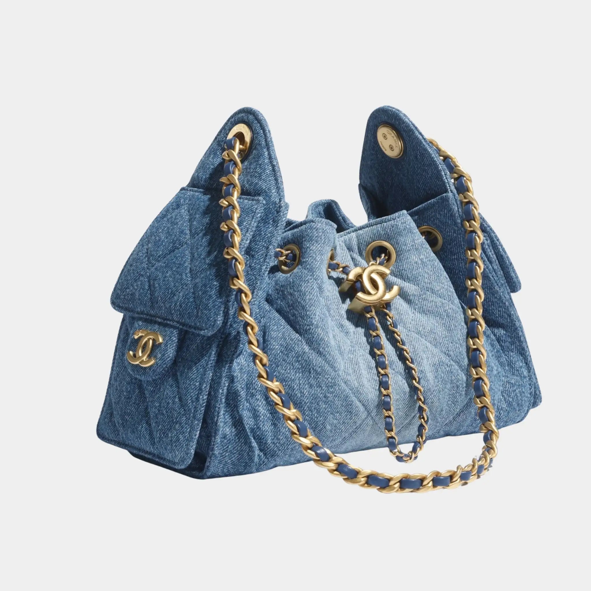 Chanel 25 Mini Handbag Washed Denim & Gold Tone Metal, Blue, Side