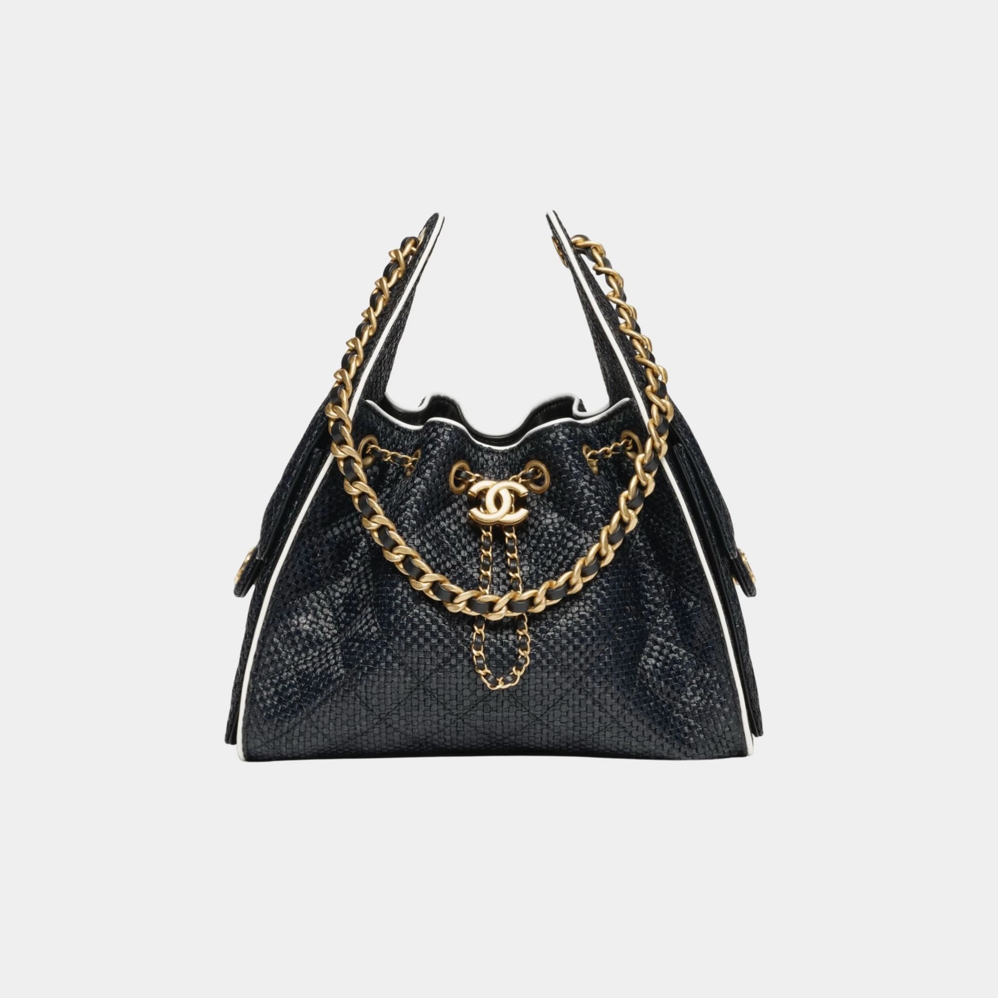 Chanel 25 Small Handbag Braided Raffia Calfskin & Gold Tone Metal, Black and White