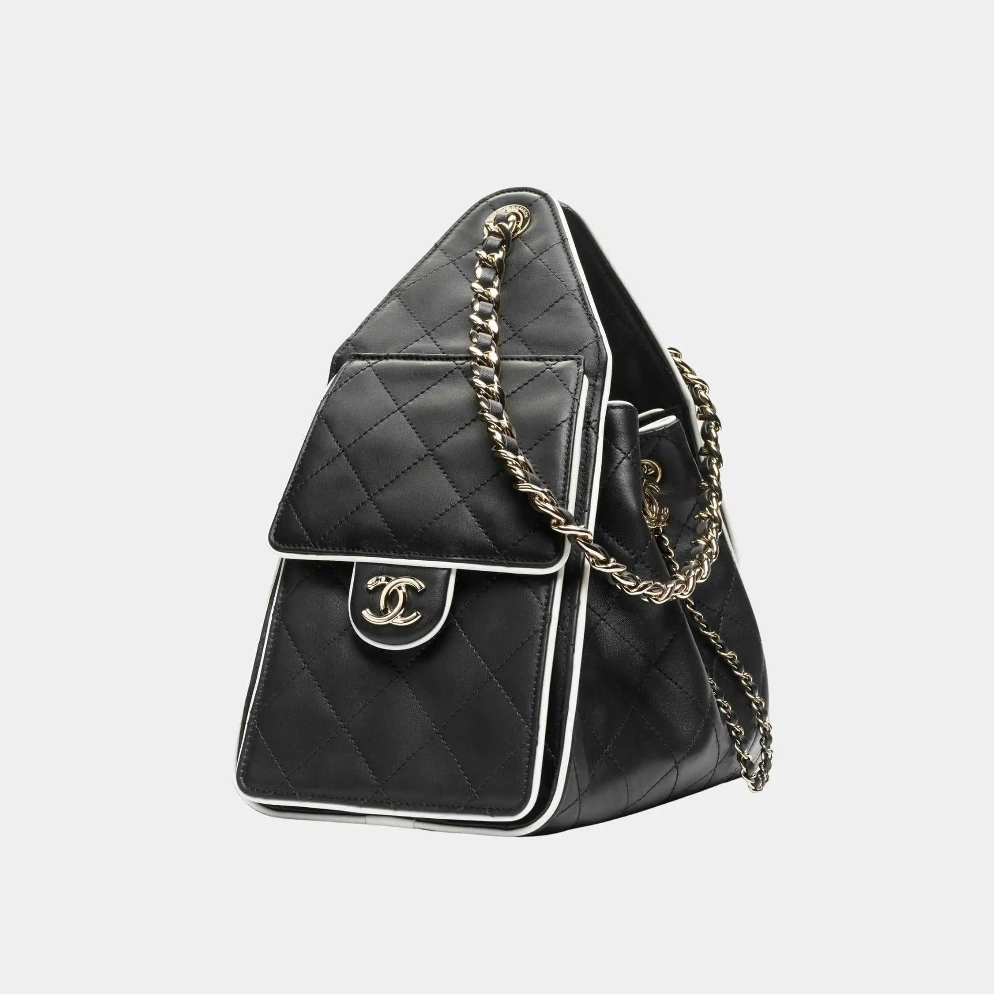 Chanel 25 Small Handbag Calfskin & Gold-Tone Metal Black & White, Side, Close