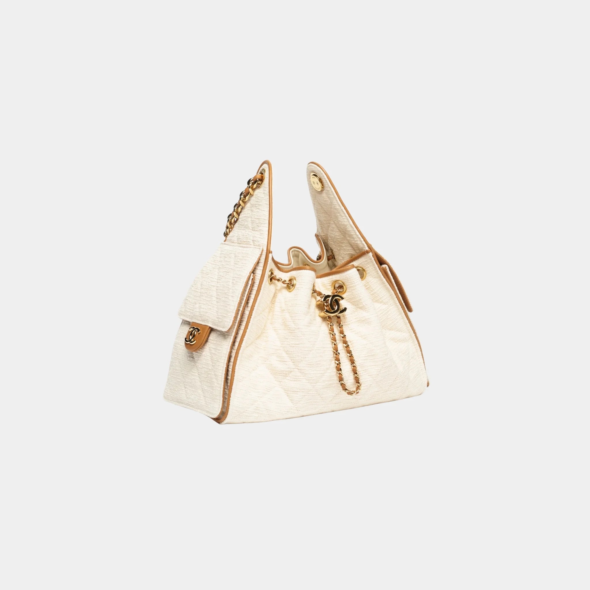 Chanel 25 Small Handbag Canvas Calfskin & Gold-Tone Metal, Ecru Camel, Side
