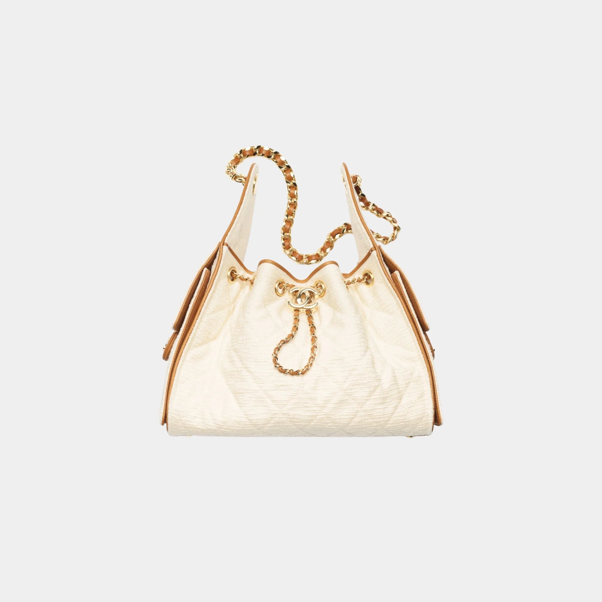 Chanel 25 Small Handbag Canvas Calfskin & Gold-Tone Metal, Ecru Camel, Front