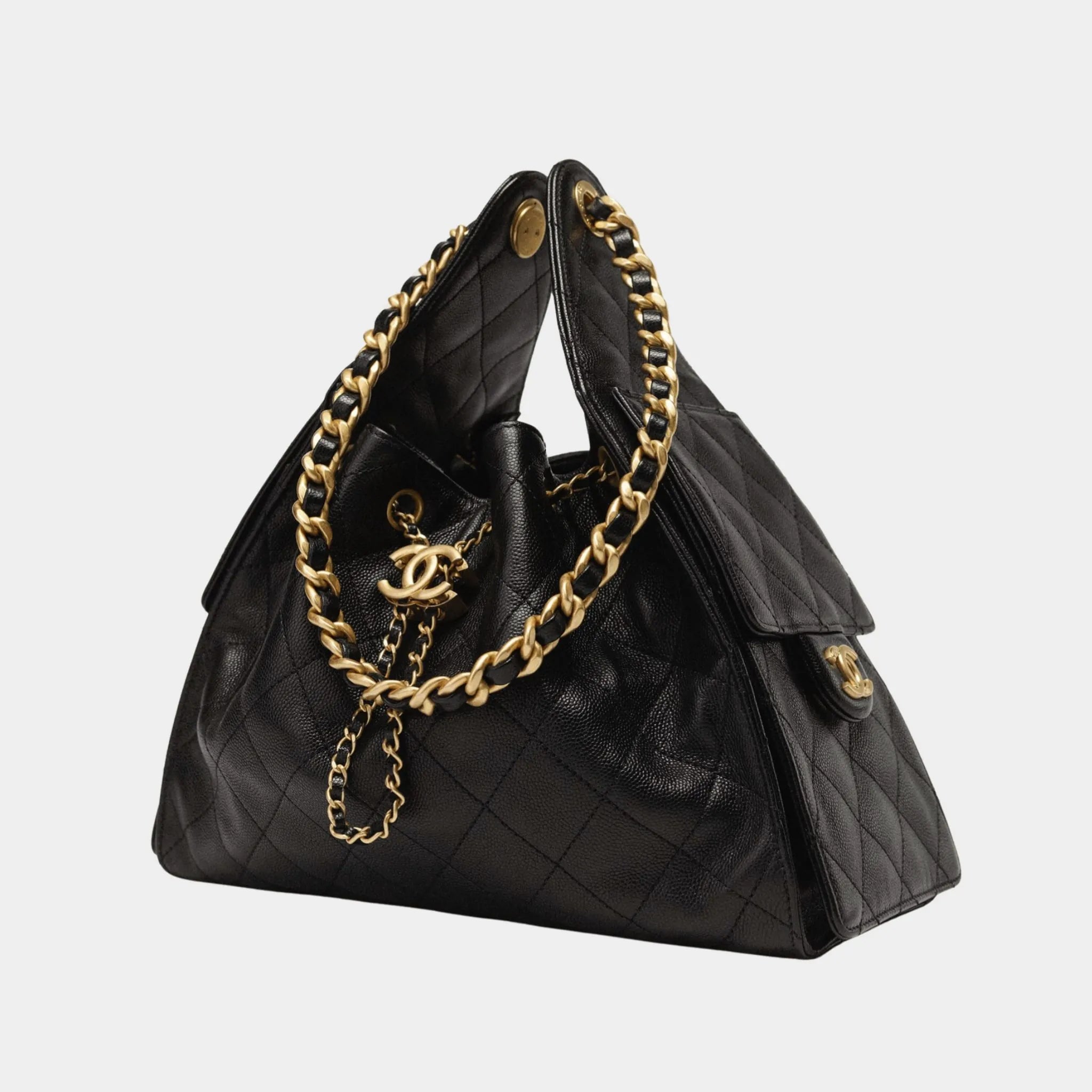 Chanel 25 Small Handbag Gained Calfskin & Gold Tone Metal , Black ,Side