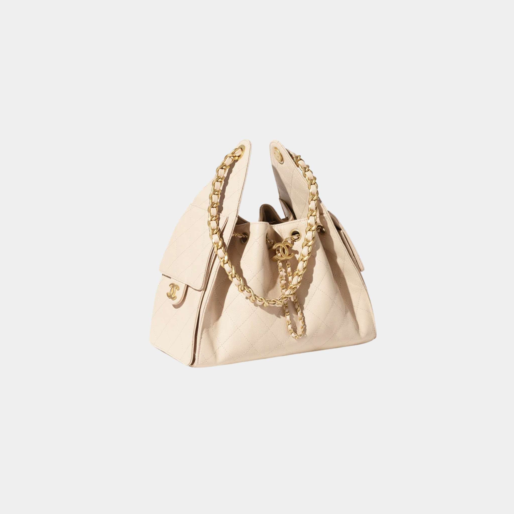 Chanel 25 Small Handbag Grained Calfskin And Gold-Tone Metal, Beige, Front