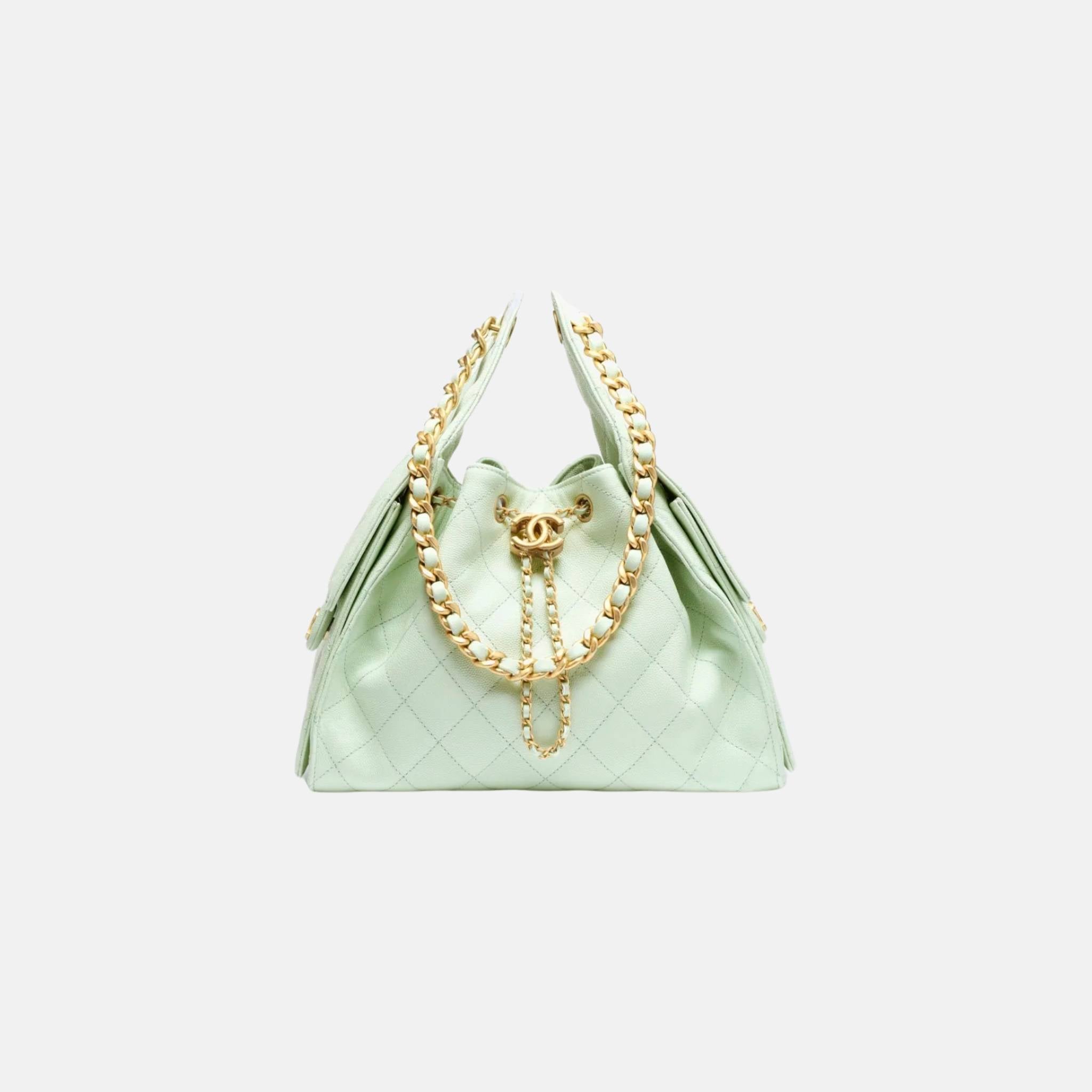 Chanel 25 Small Handbag Grained Calfskin And Gold-Tone Metal, Light Green, Front