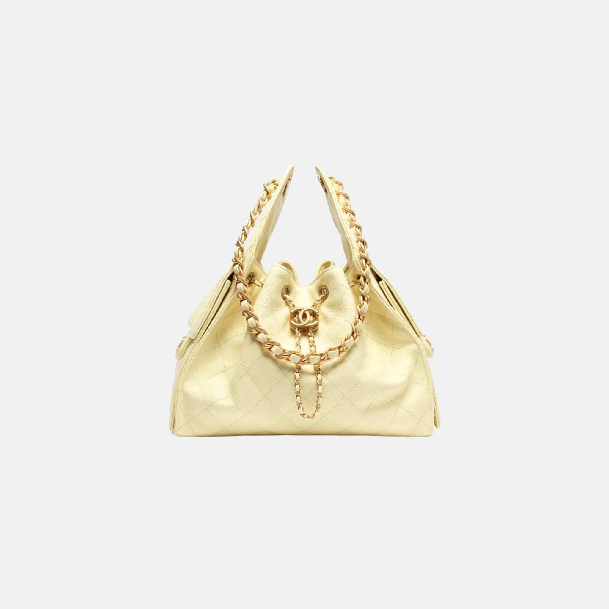 Chanel 25 Small Handbag Grained Calfskin And Gold-Tone Metal, Light Yellow, Front