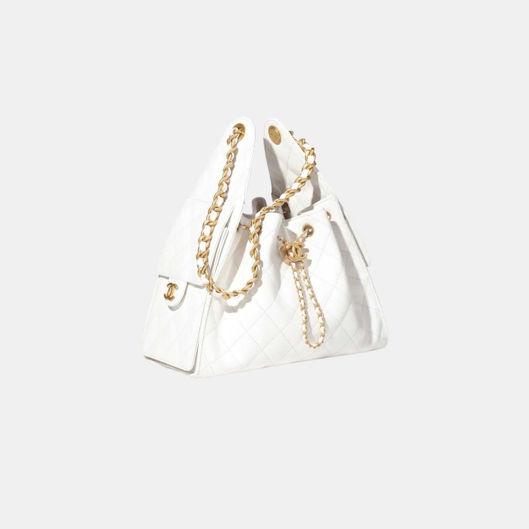 Chanel 25 Small Handbag Grained Calfskin And Gold-Tone Metal, White, Front