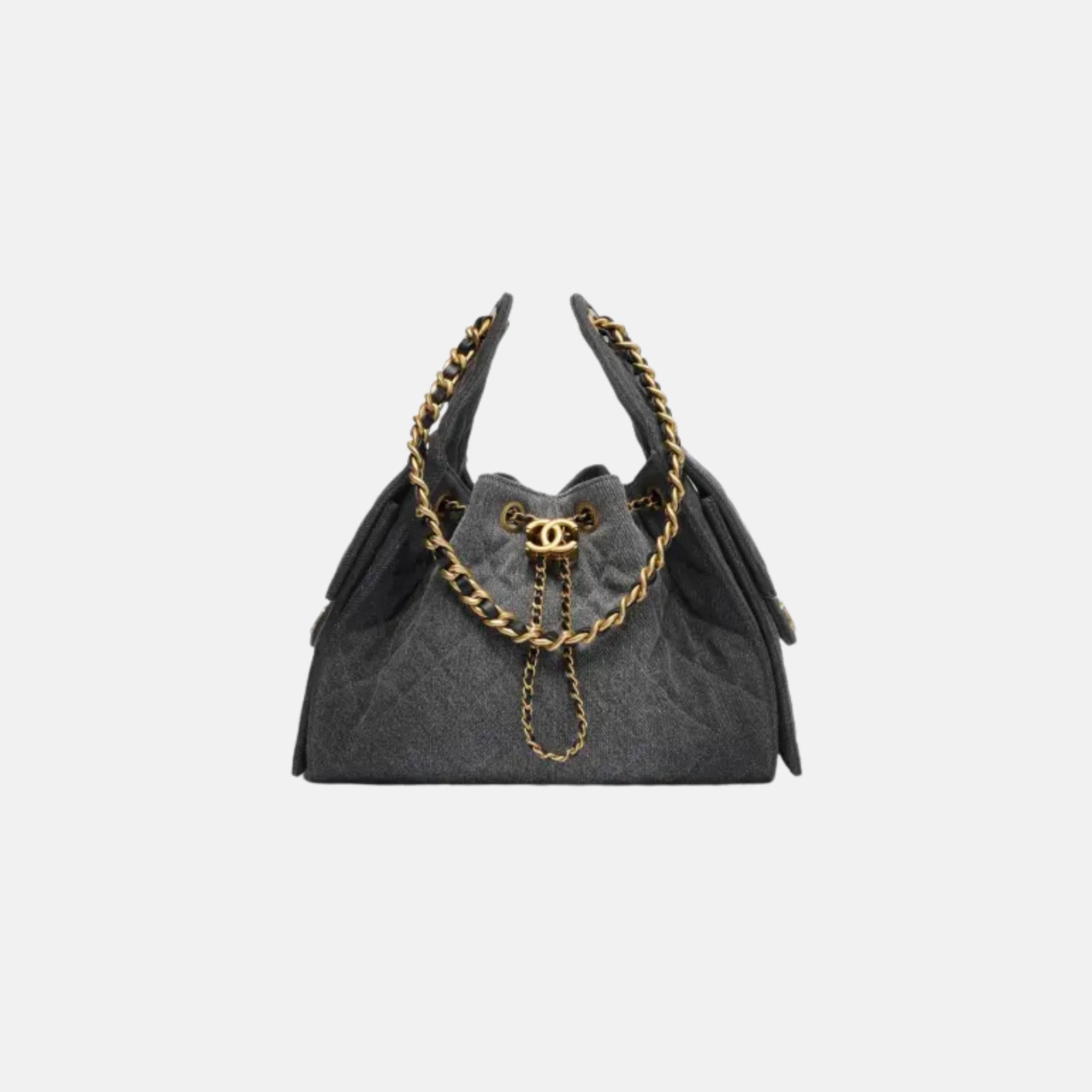 Chanel 25 Small Handbag Washed Denim And Gold-Tone Metal, Black, Front View