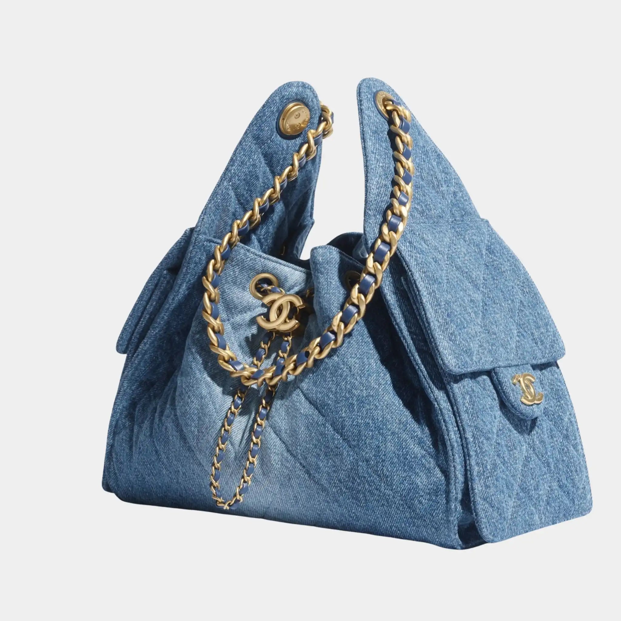 Chanel 25 Small Handbag washed denim & Gold Tone Metal, Front