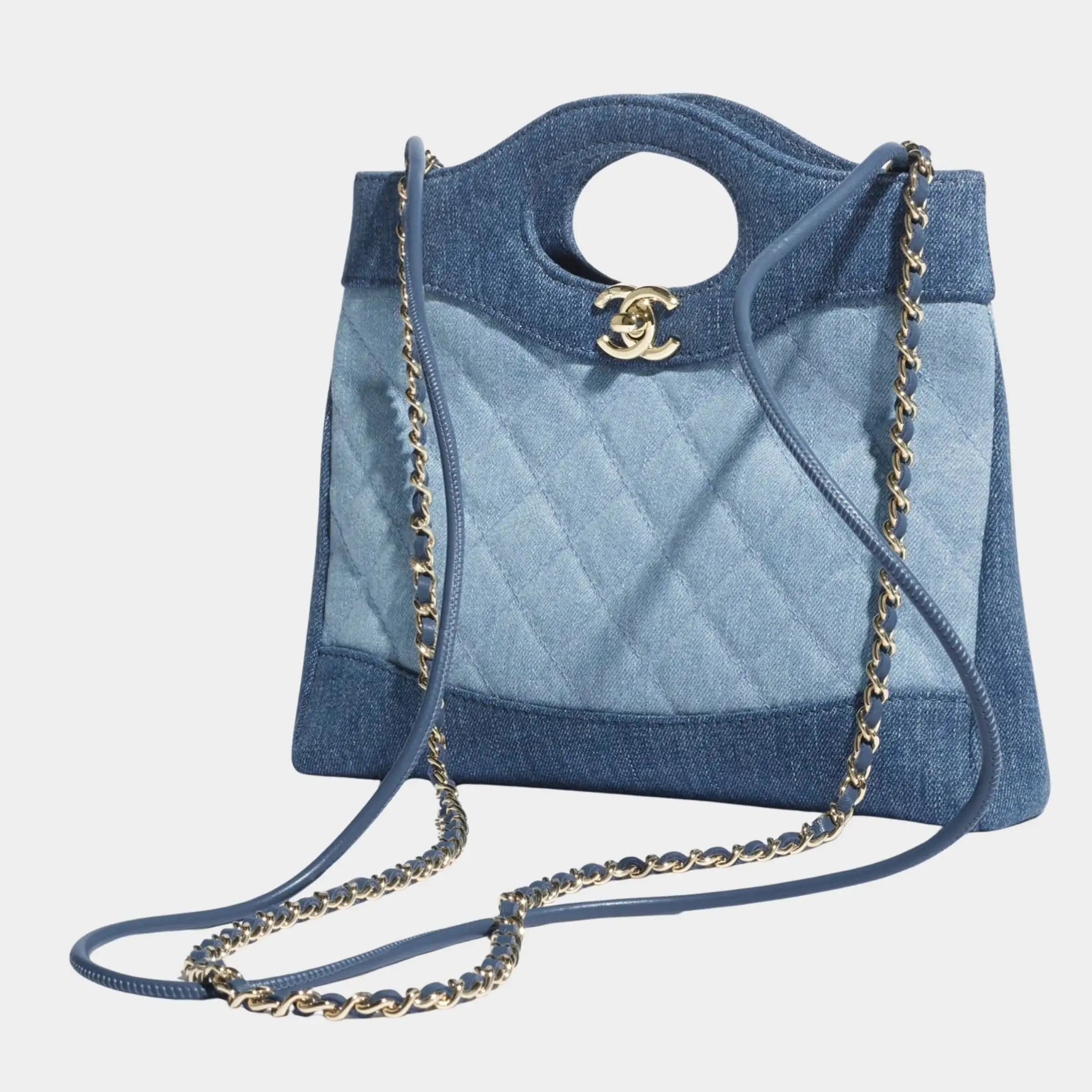 Chanel 31 Mini Shopping Bag Washed Denim & Gold Tone Metal, Side