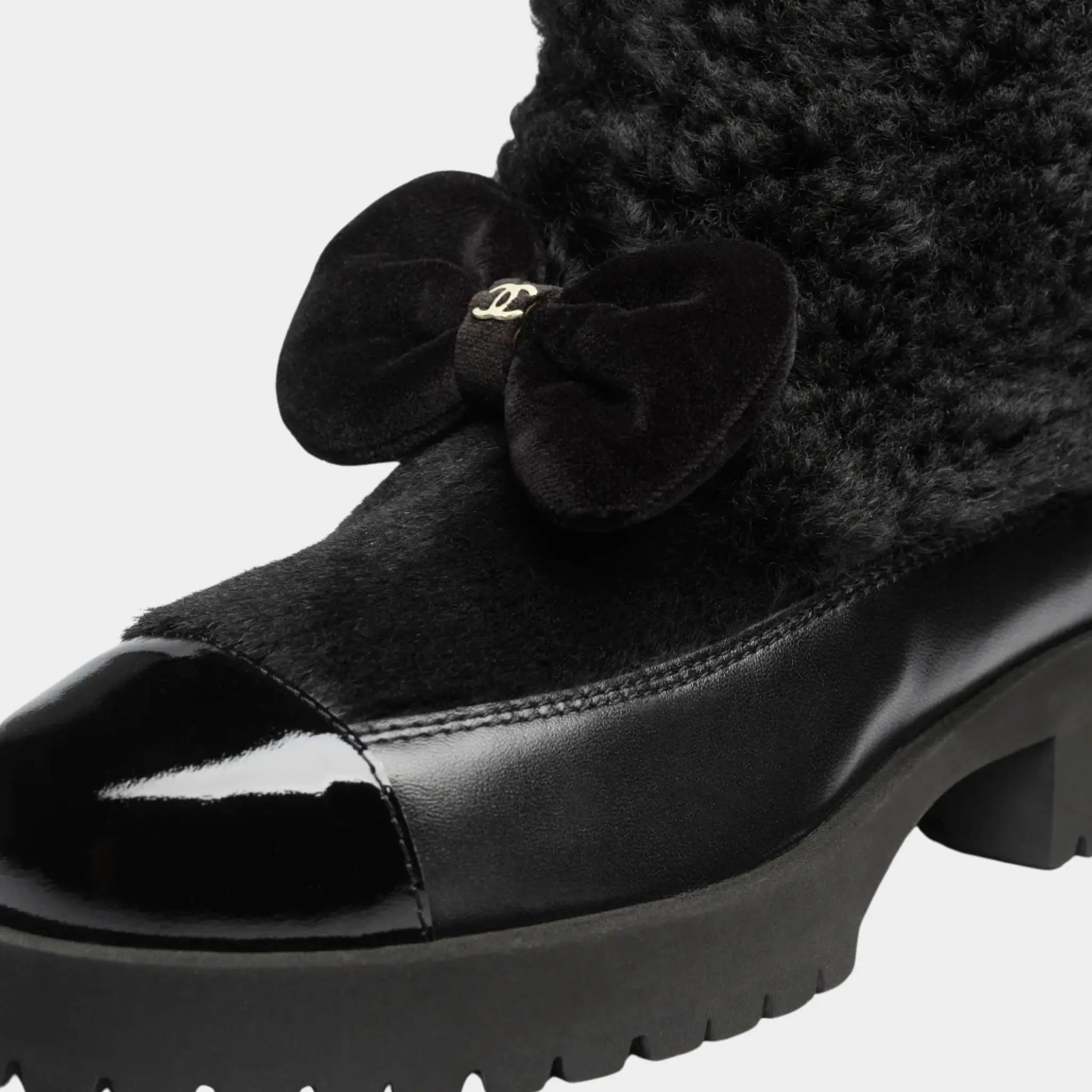Chanel Boots Black Woolly lamb Veal Varnished Lamb & Veal, Closeup