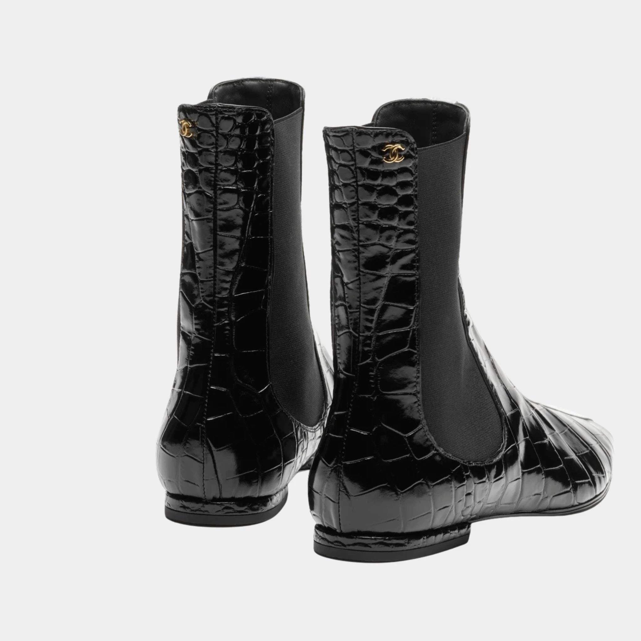 Chanel Ankle boots Crocodile-embossed calfskin & patent calfskin Black & white