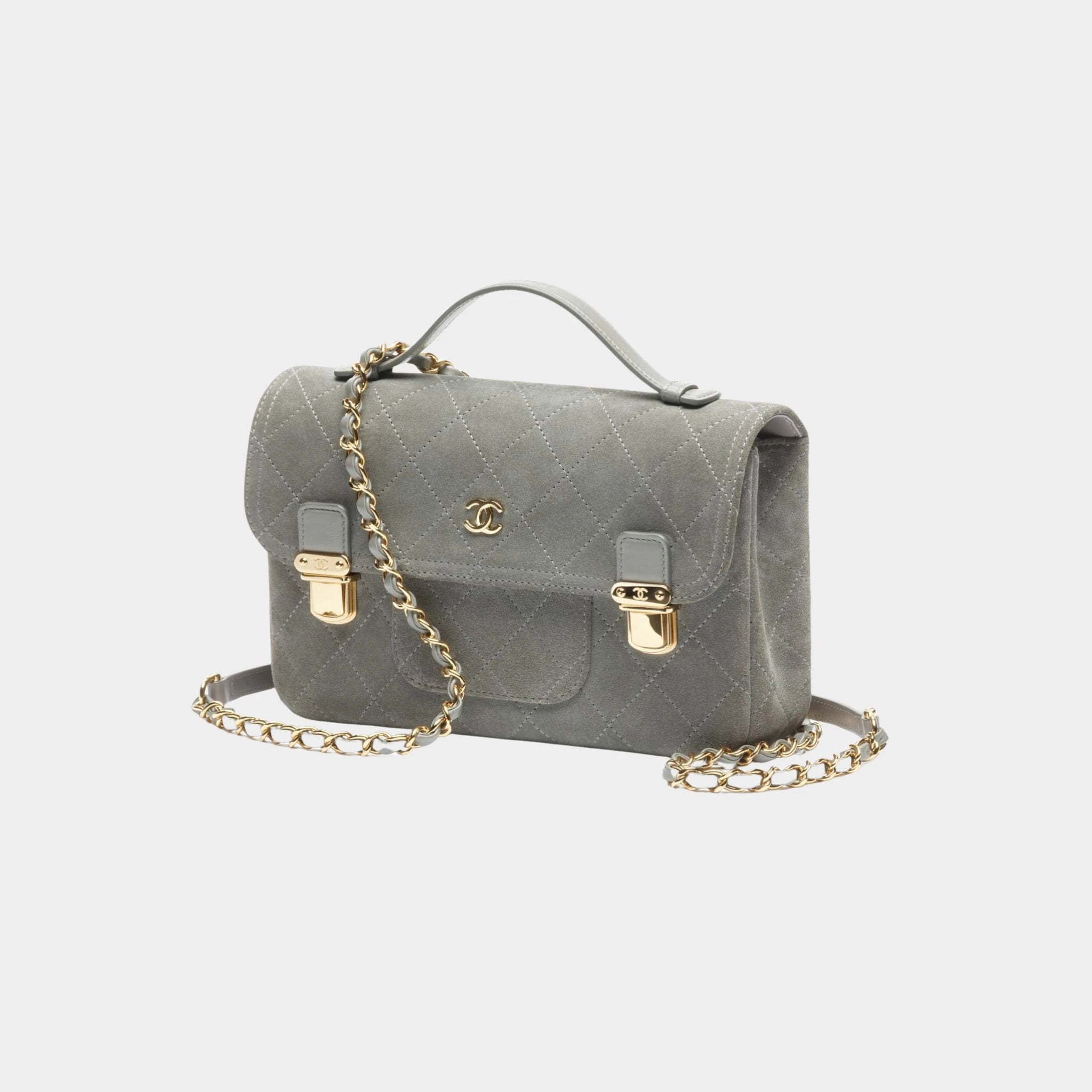 Chanel Backpack Suede Calfskin & Gold Metal Dark Grey