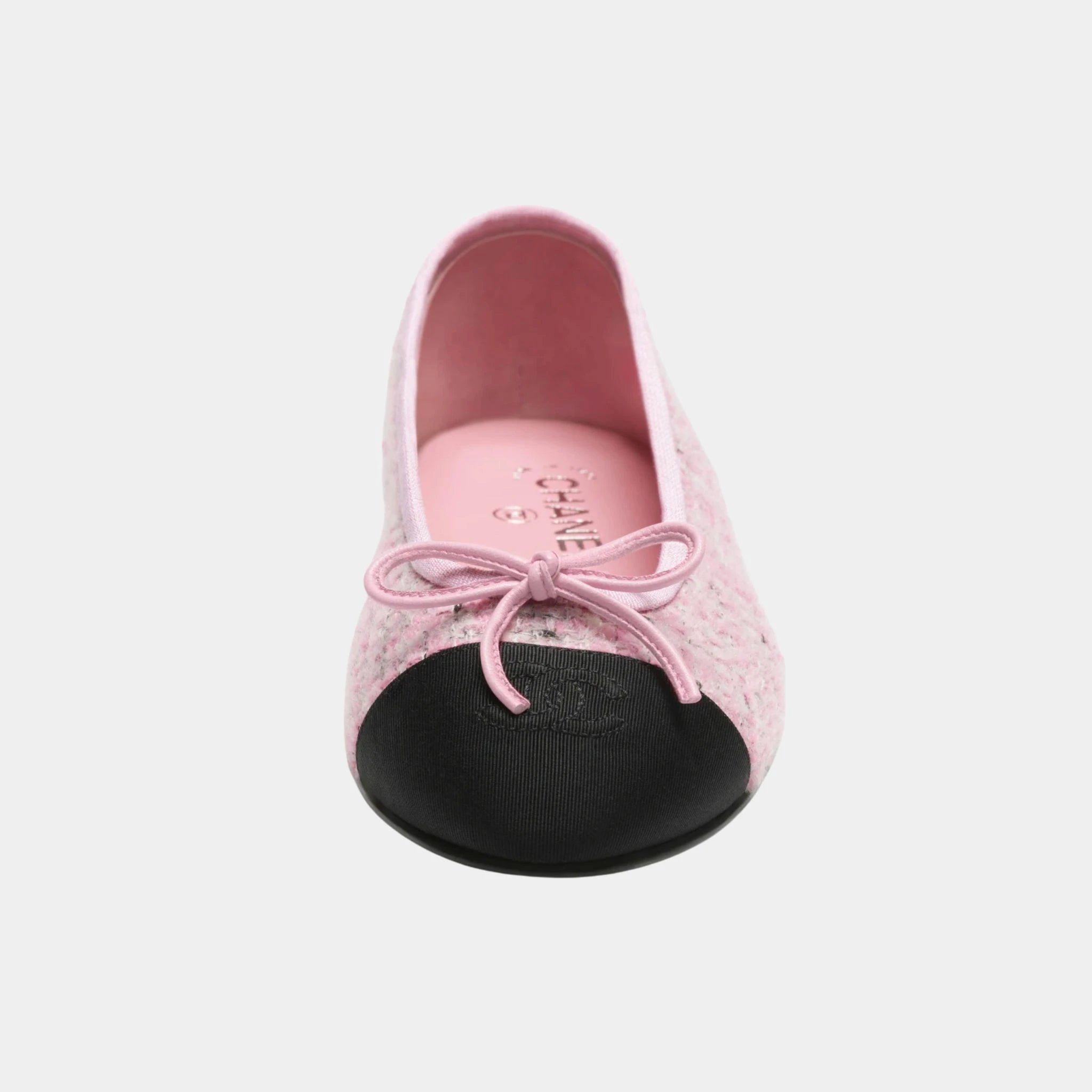Chanel Ballerinas in Tweed & Grosgrain, Pink, Black, White, Front