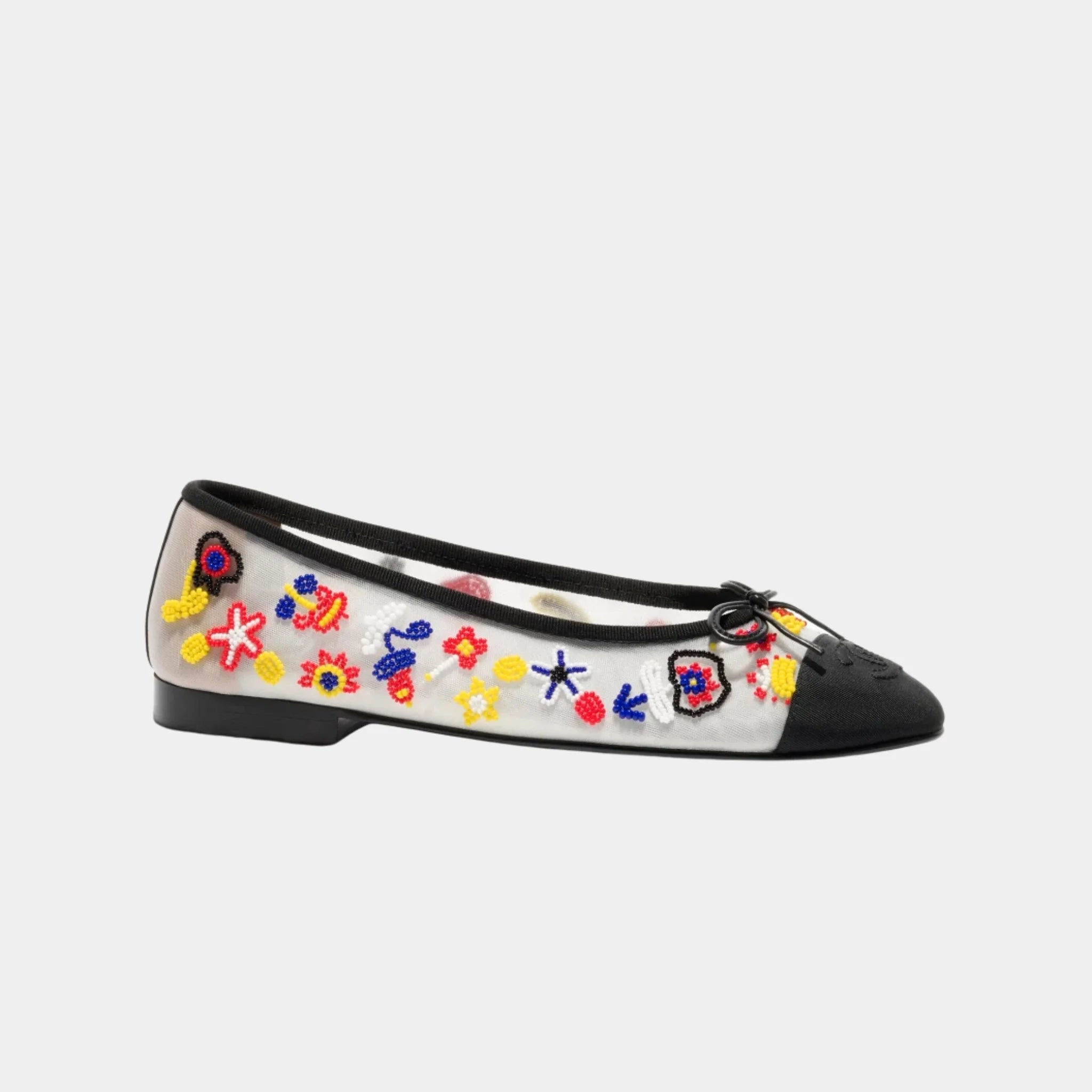 Chanel Ballet Flats in Mesh Imitation Pearls & Grosgrain, Multicolour, Side