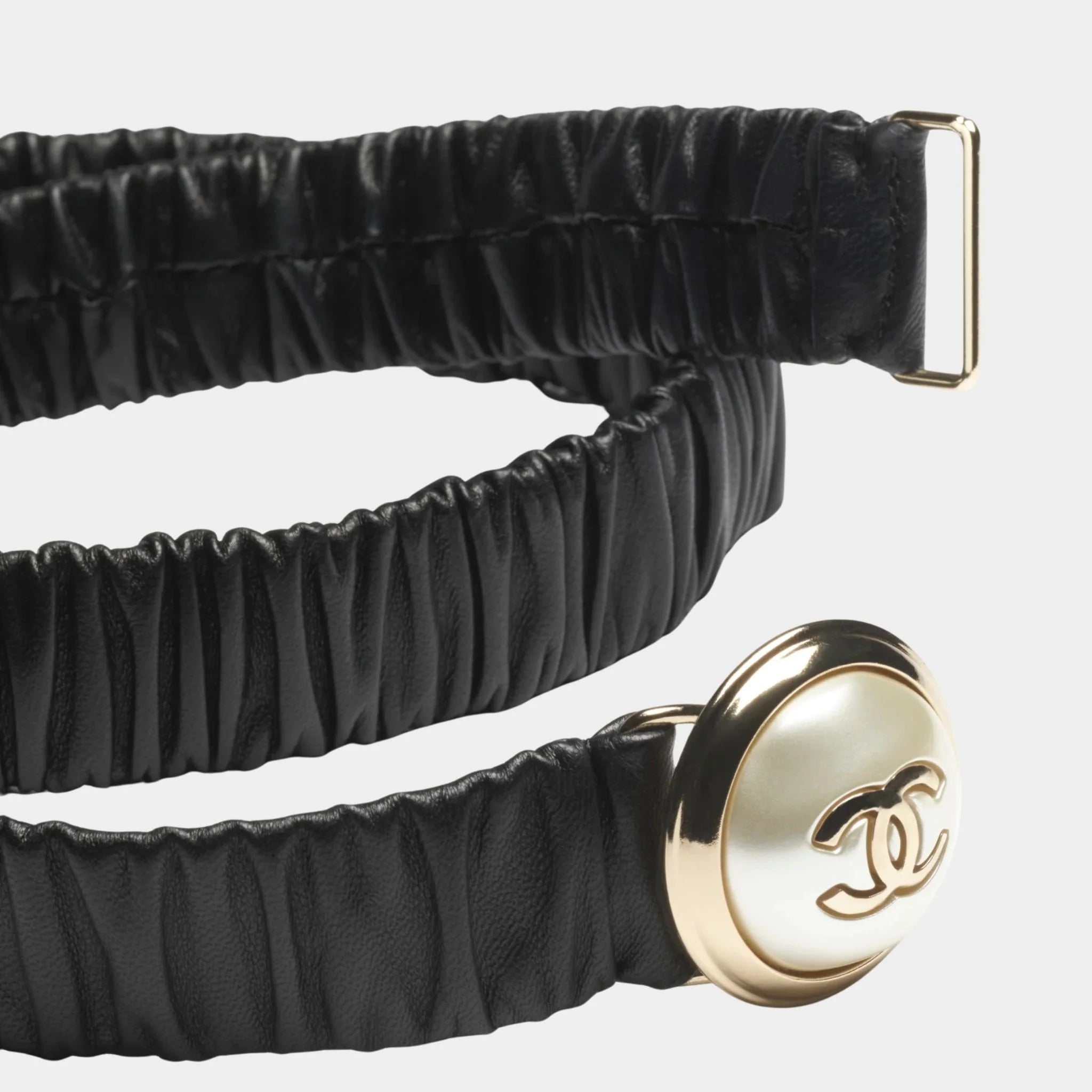 Chanel Belt Lambskin Metal & Resin Black Light Gold & Pearly White, Closeup