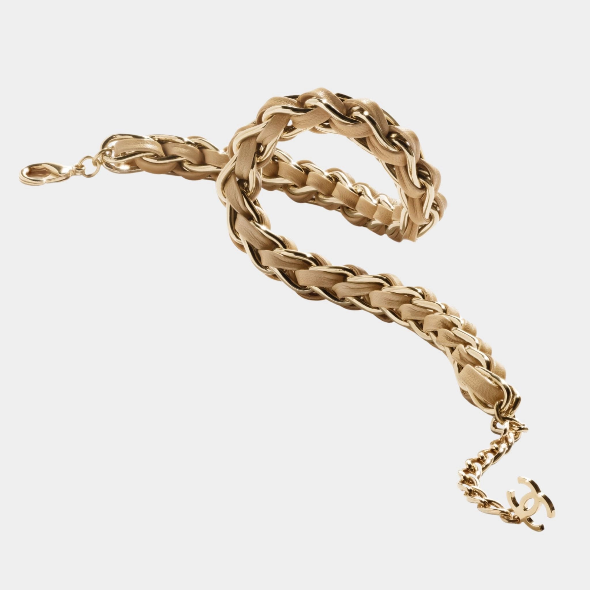 Braided Necklace Metal & Lambskin Gold & Beige