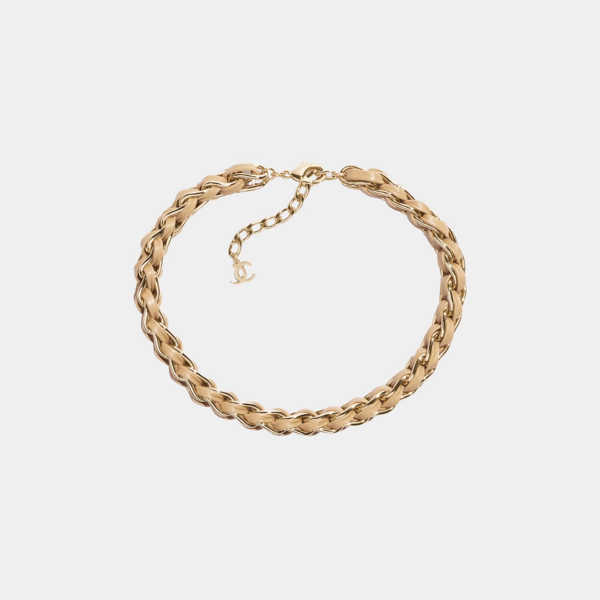 Braided Necklace Metal & Lambskin Gold & Beige
