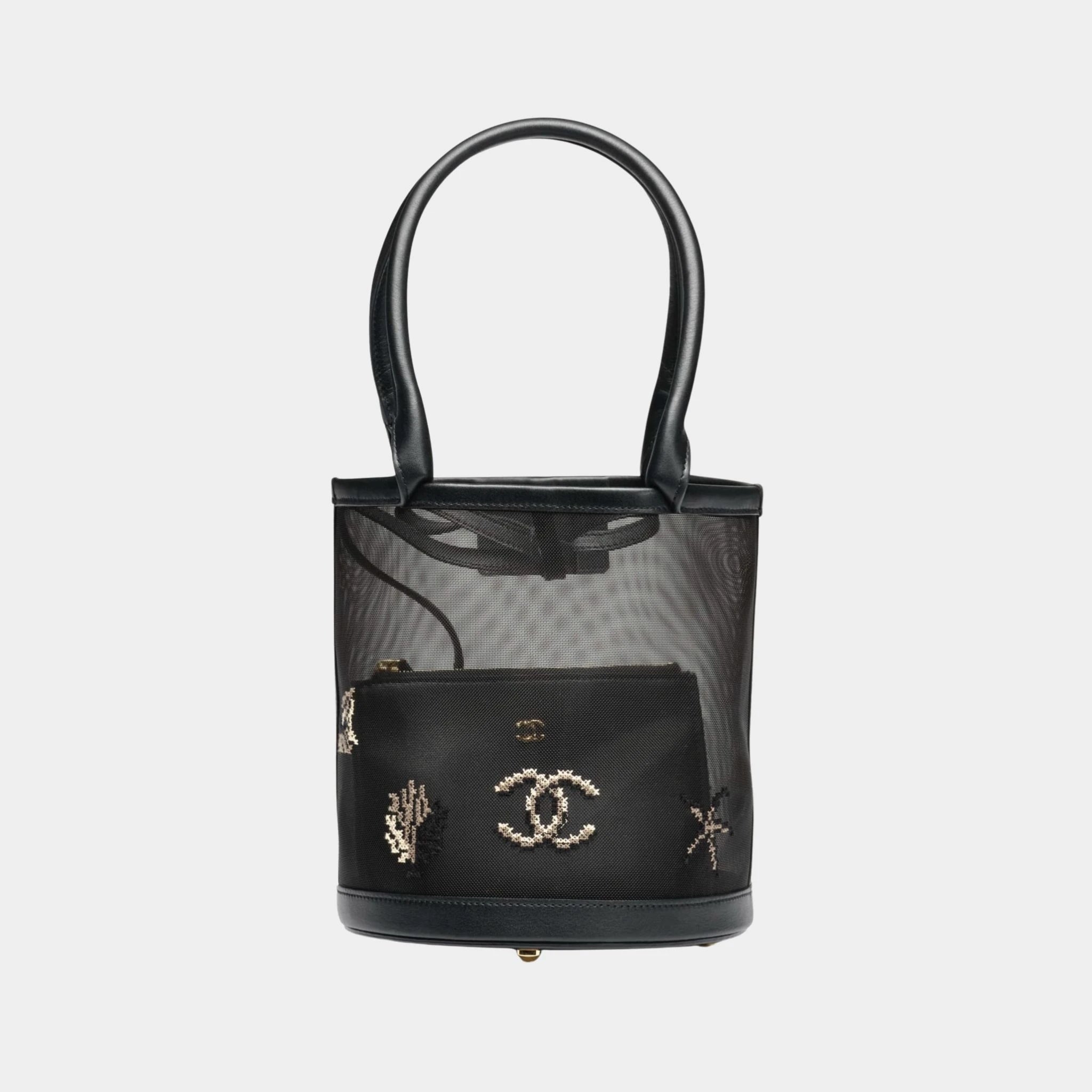 Bucket Bag Embroidered Mesh & Calfskin Black