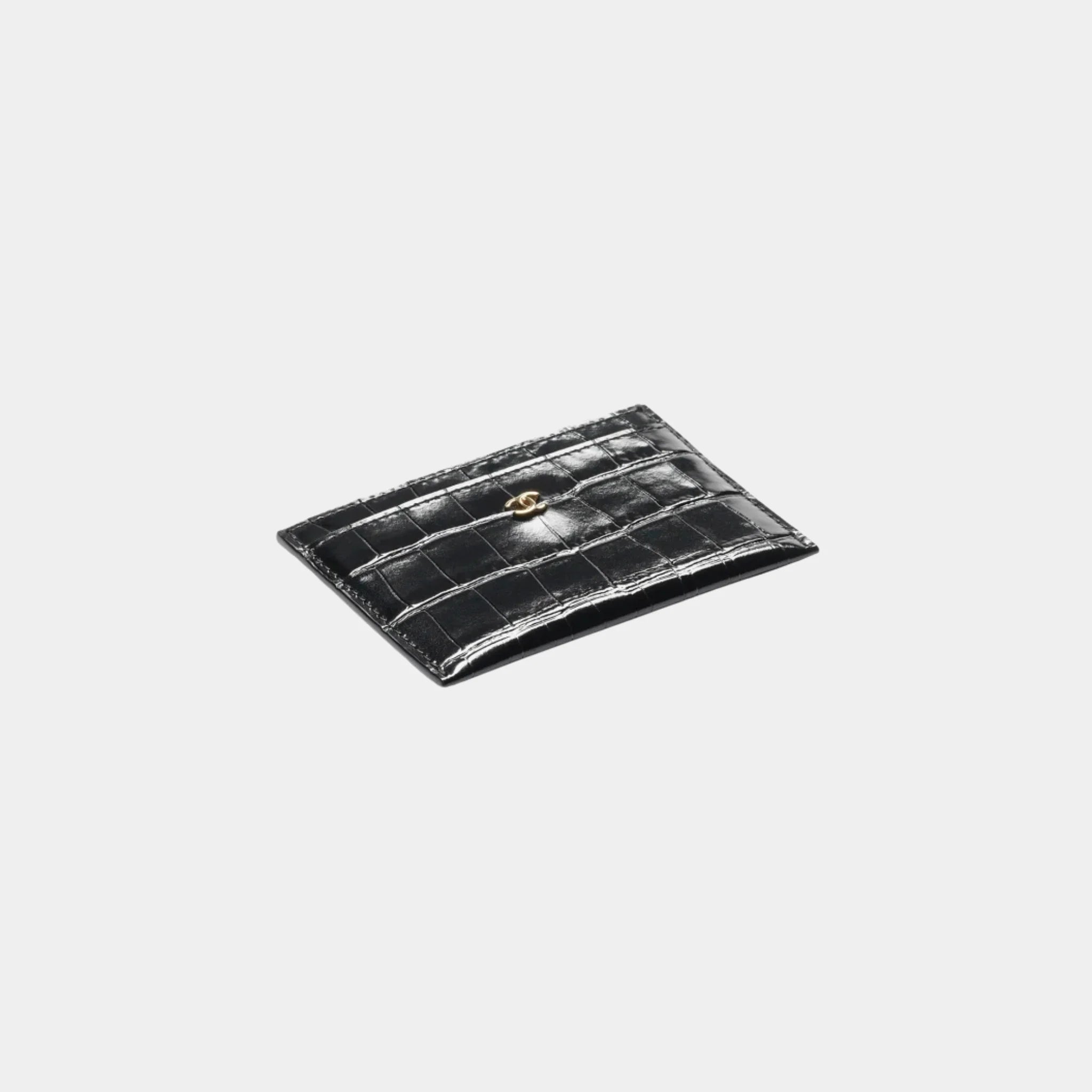 Chanel Card Holder in Crocodile Embossed Calfskin & Gold-Tone Metal, Black, Front