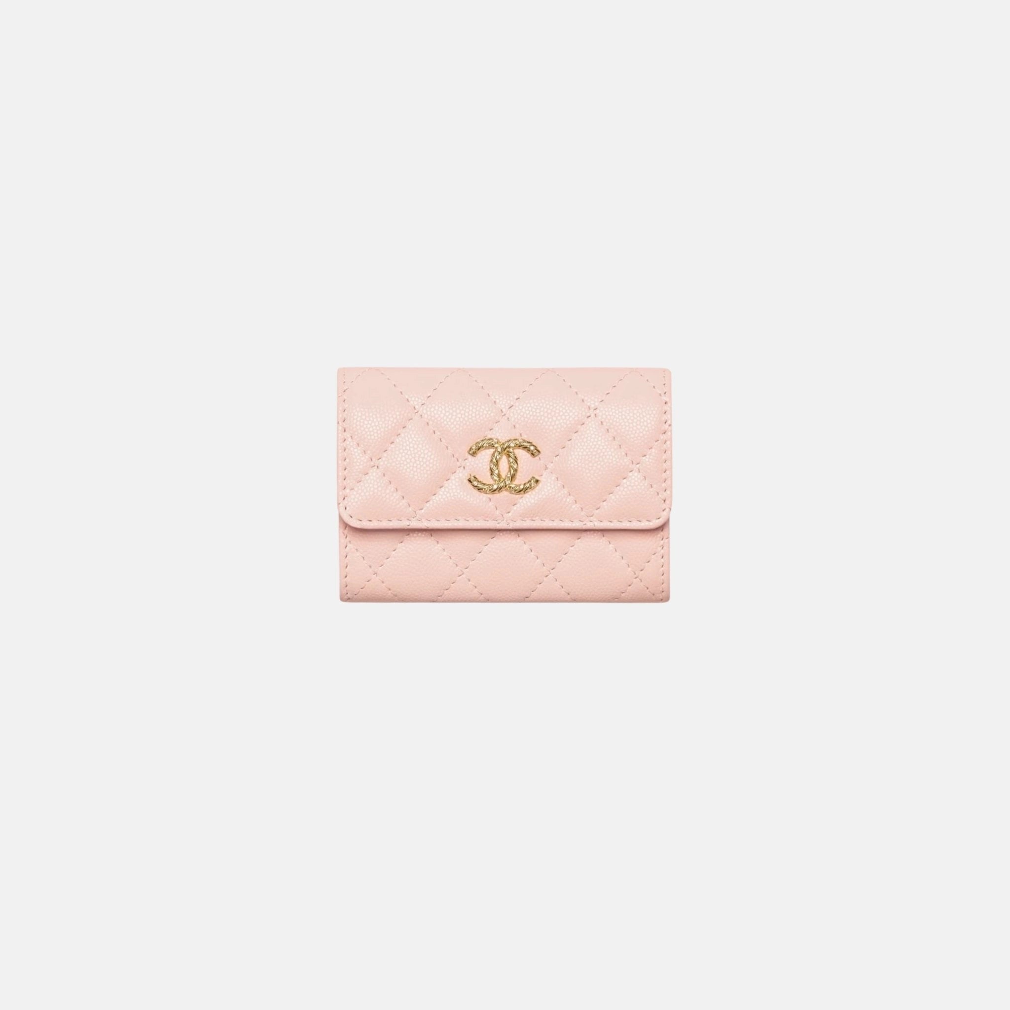 Chanel Card Holder in Shiny Grained Calfskin Strass Gold Tone Metal, Light Pink, Front