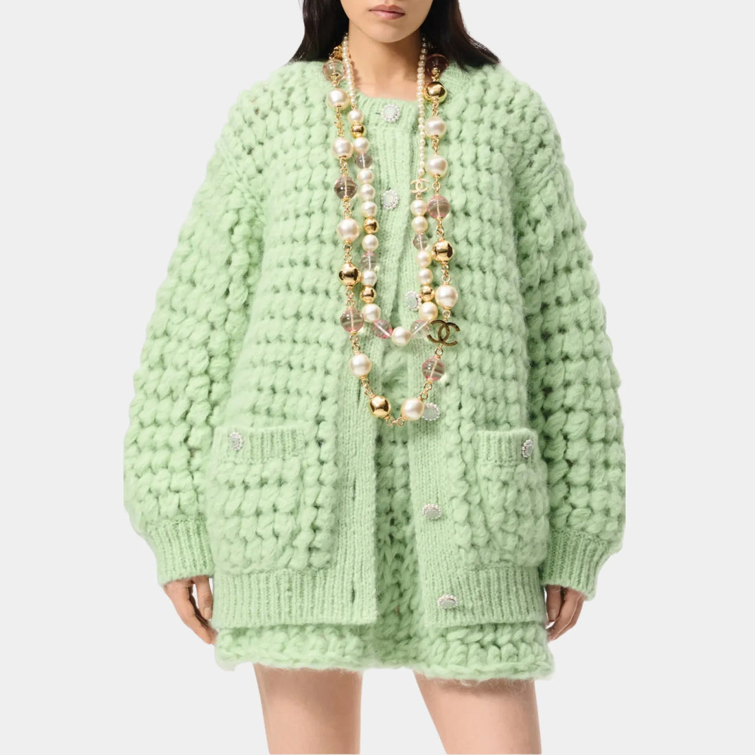 Chanel Cardigan in Mohair and Wool, Light Green, Front