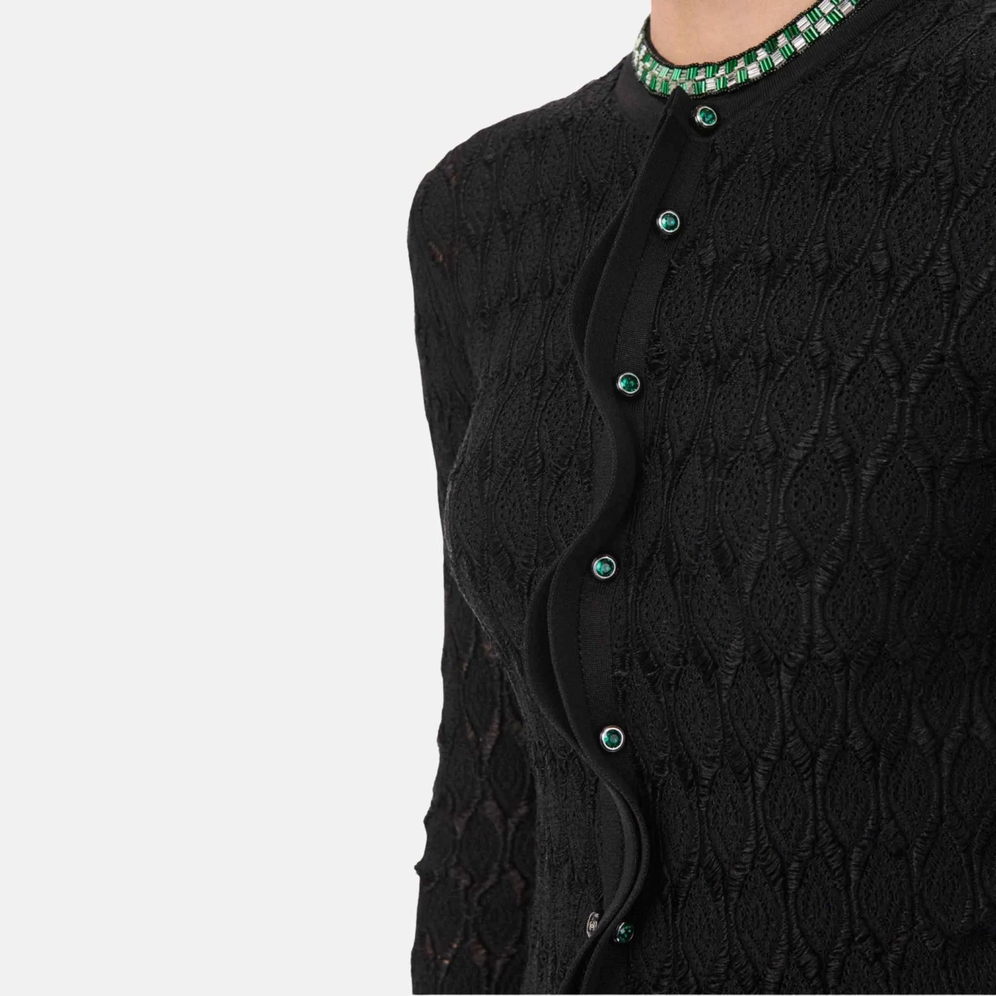 Chanel Cardigan Silk in Black Silver and Green, Close