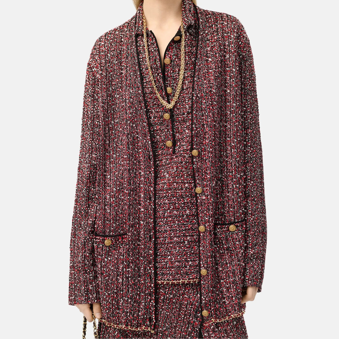 Chanel Cardigan Silk Mixed Fibres in Red Ecru