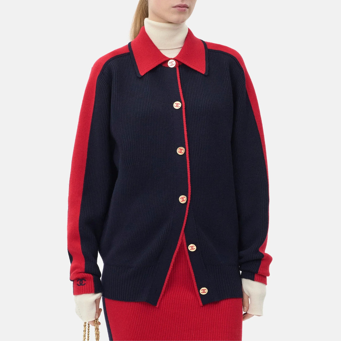 Chanel Cardigan Wool in Navy Blue and Red, Coco Neige 2026, worn front view