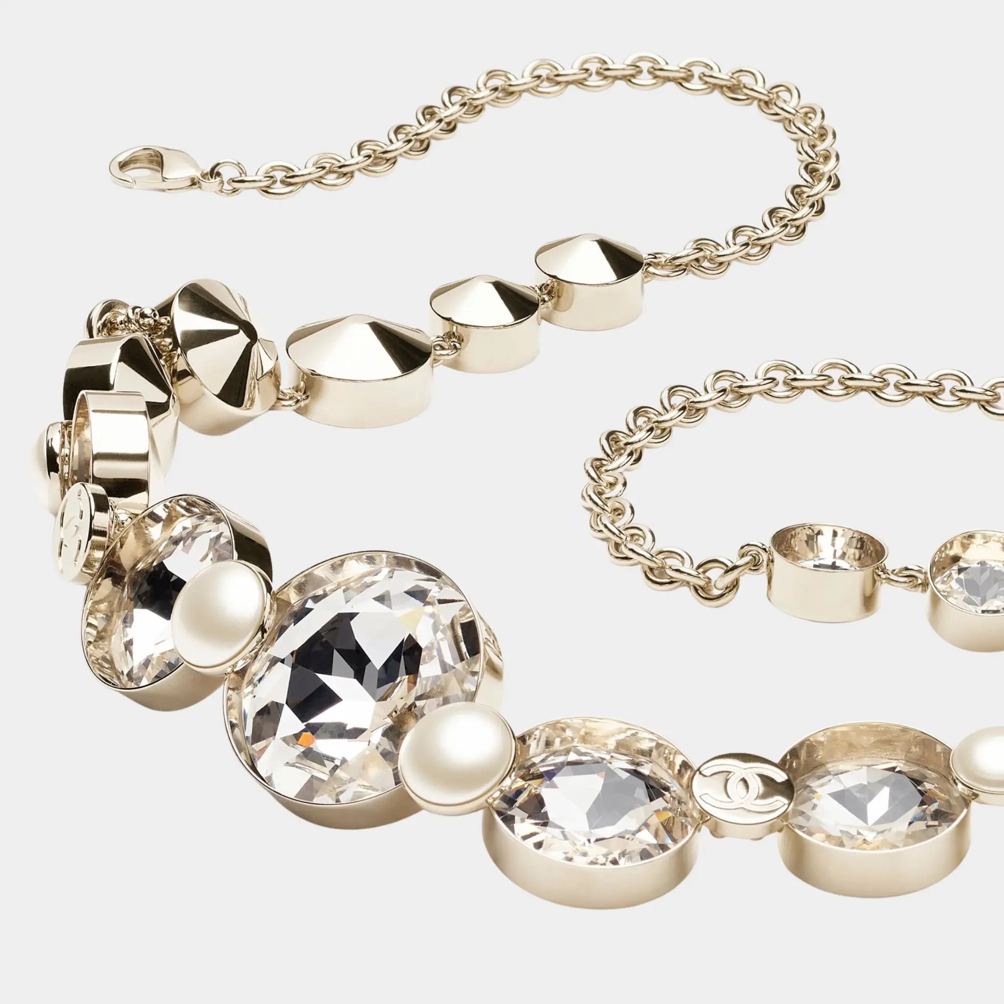 Chain belt Metal Resin & Rhinestones Gold Pearly White & Crystal