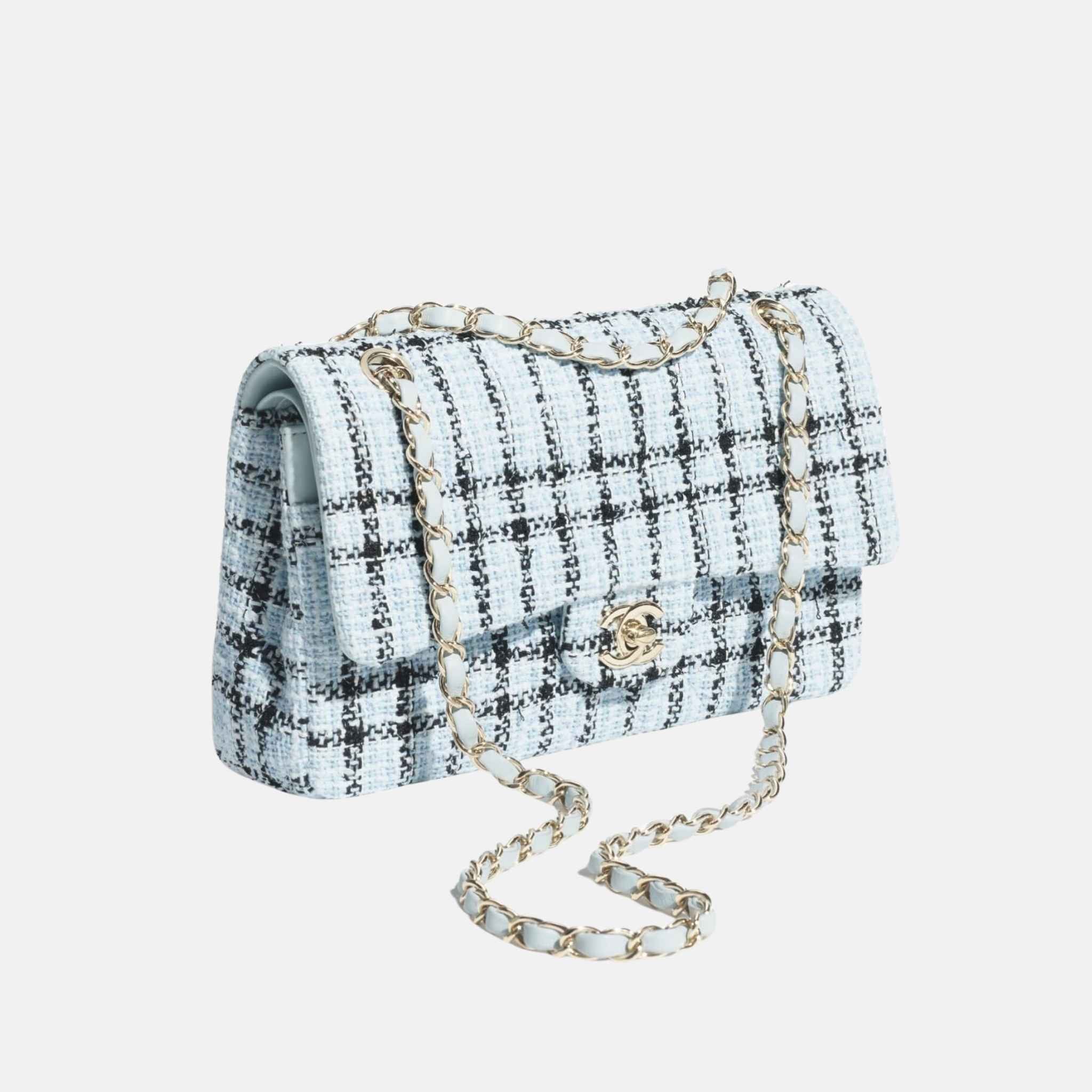 Chanel Classic 11.12 Handbag In Tweed And Gold Metal, Light Blue and Black, Side