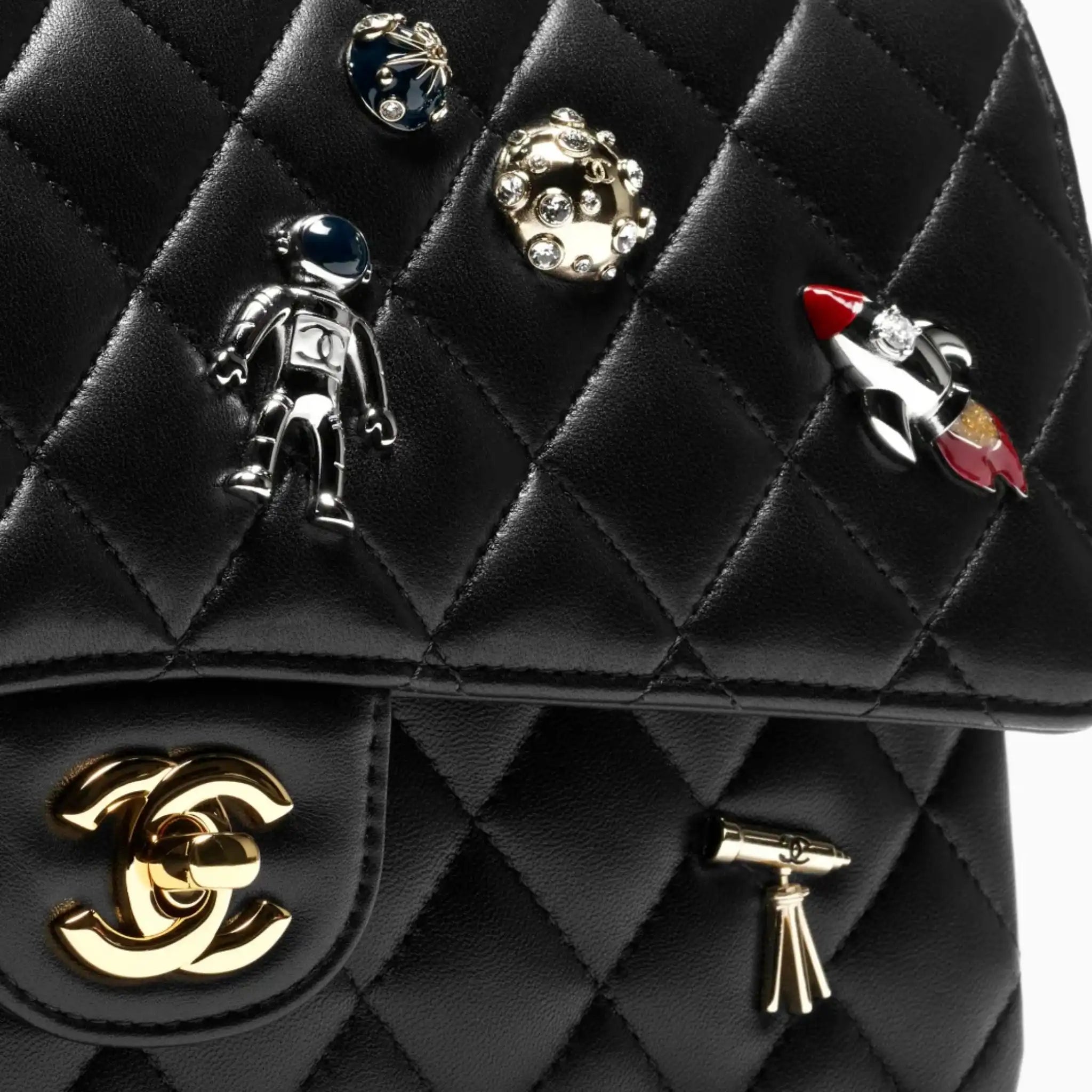 Chanel Classic bag 11.12 Lamb Enamel Rhinestones Silver & Gold Metal , Closeup