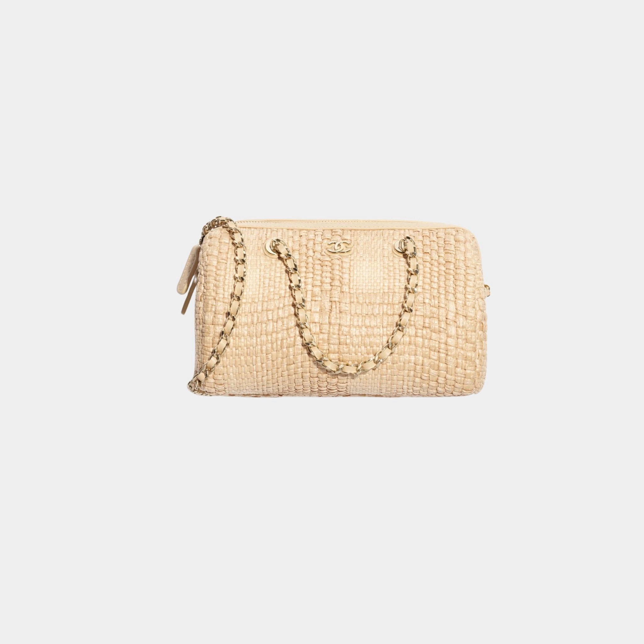Chanel Classic Clutch With Chain Braided Raffia & Gold Tone Metal, beige