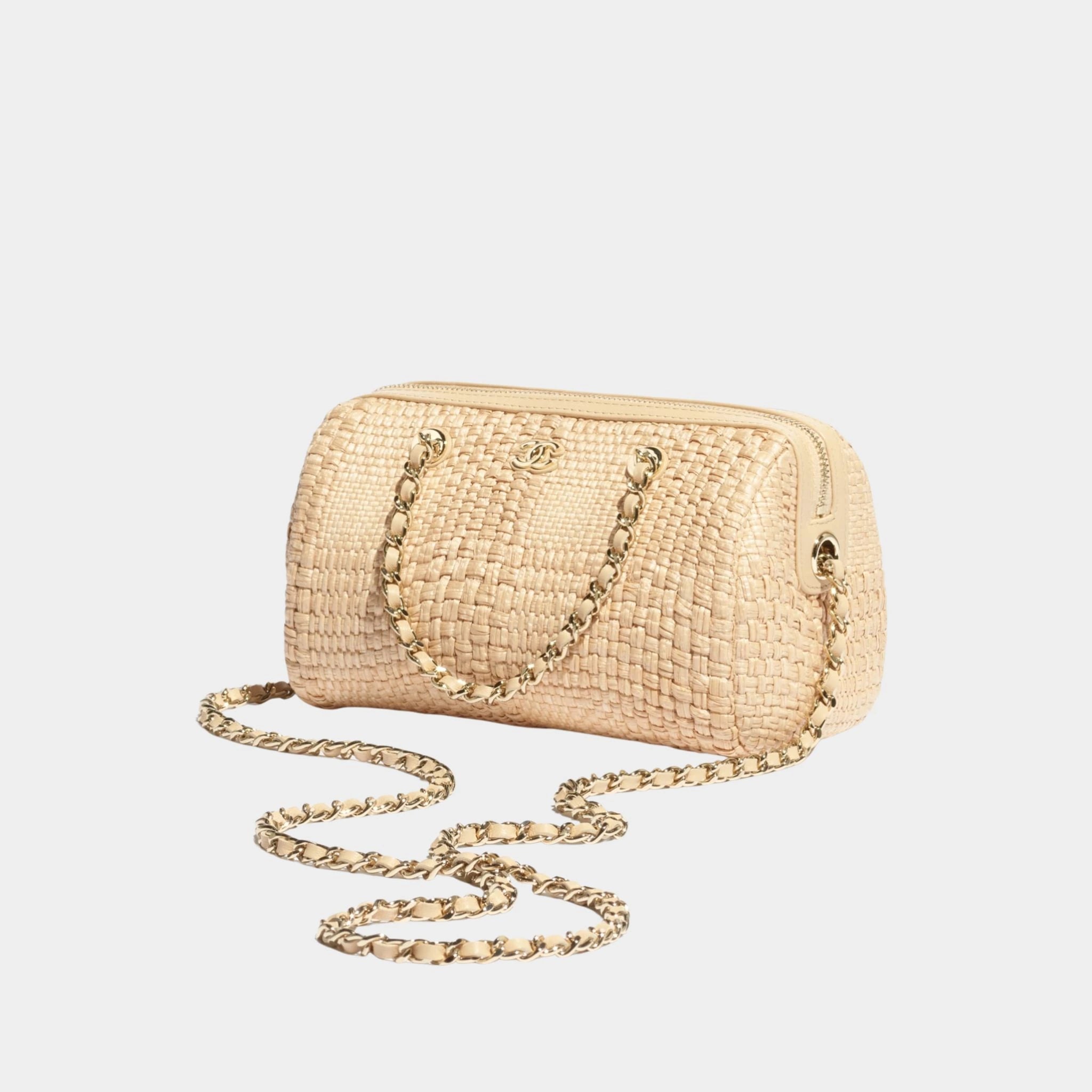 Chanel Classic Clutch With Chain Braided Raffia & Gold Tone Metal, beige